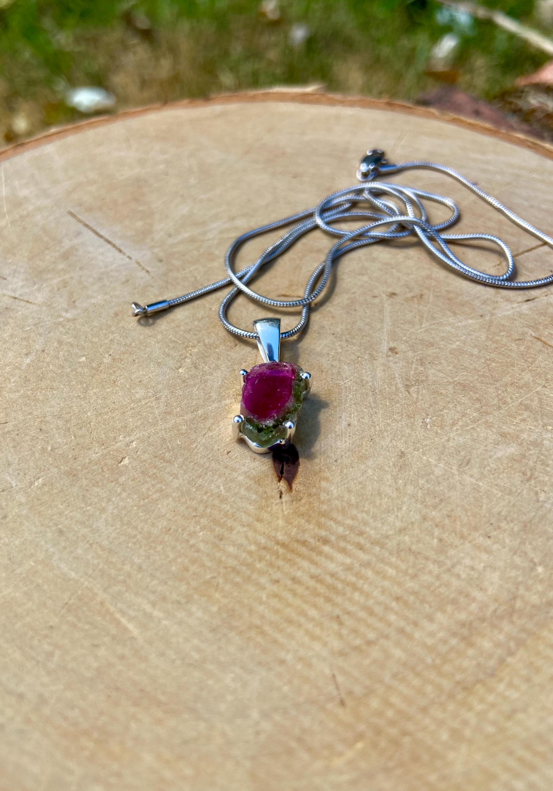 Watermelon Tourmaline Slice Silver pendant