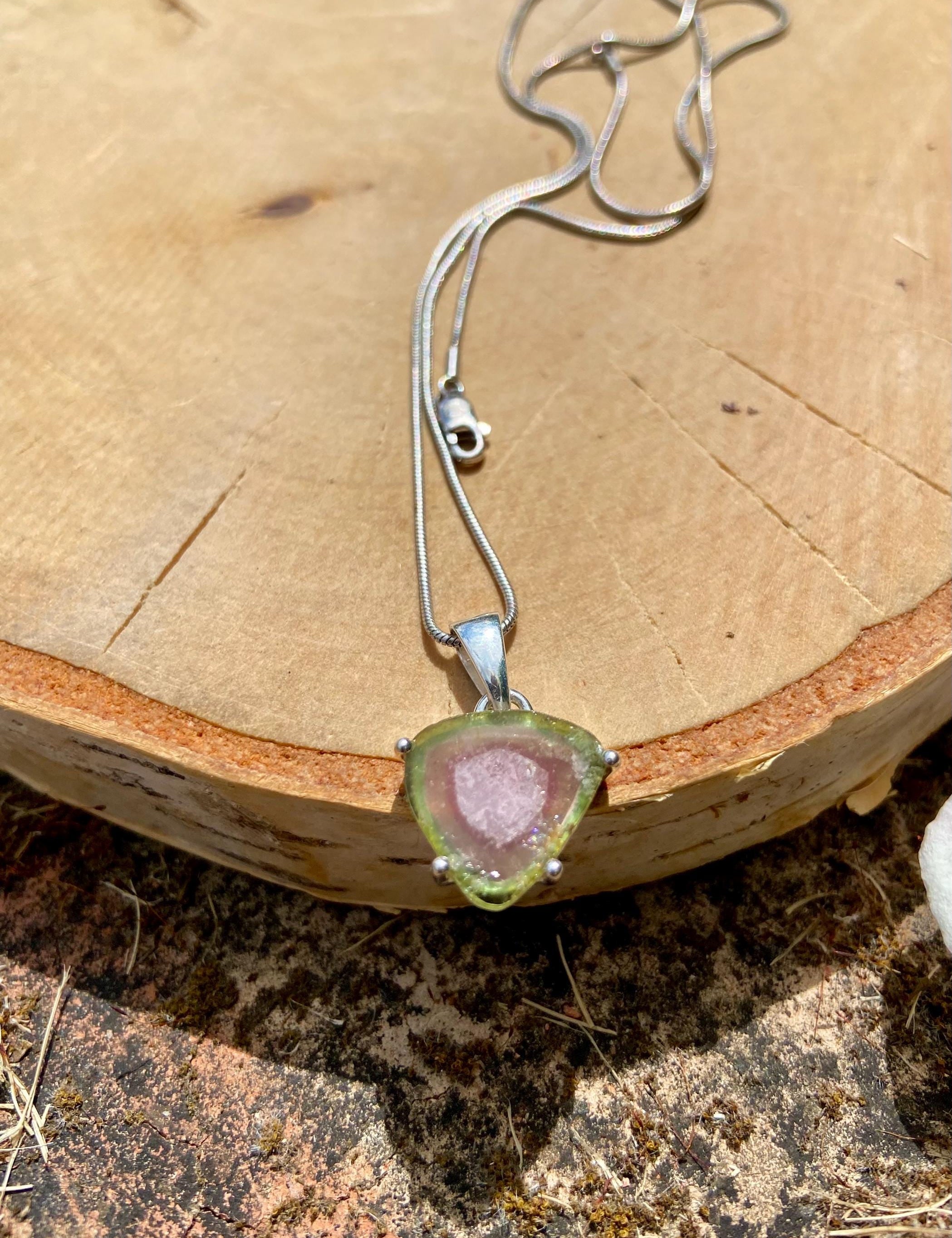 Watermelon Tourmaline Slice and Solid Silver Pendant