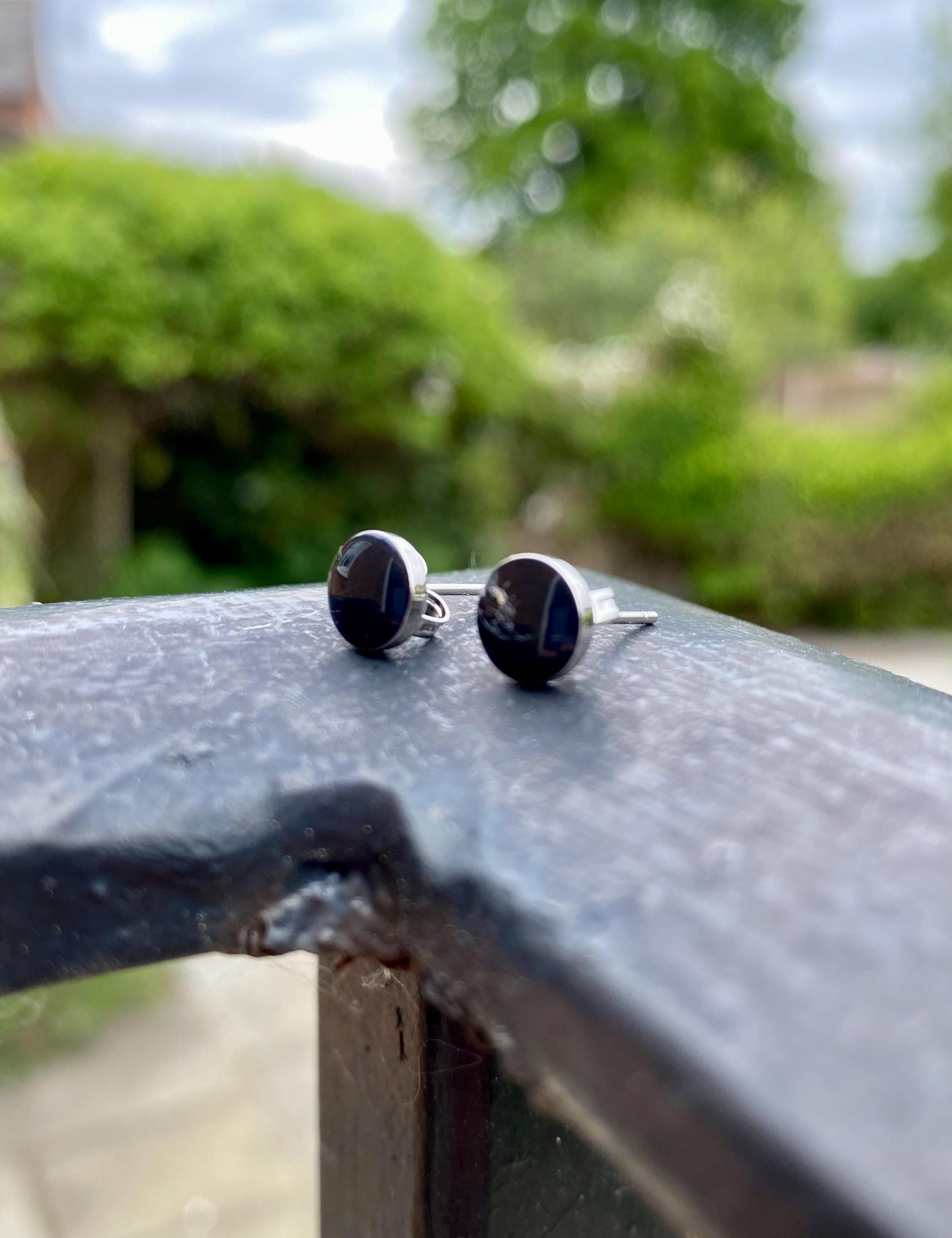 7mm Polished Black Tourmaline and Silver Studs (A+)