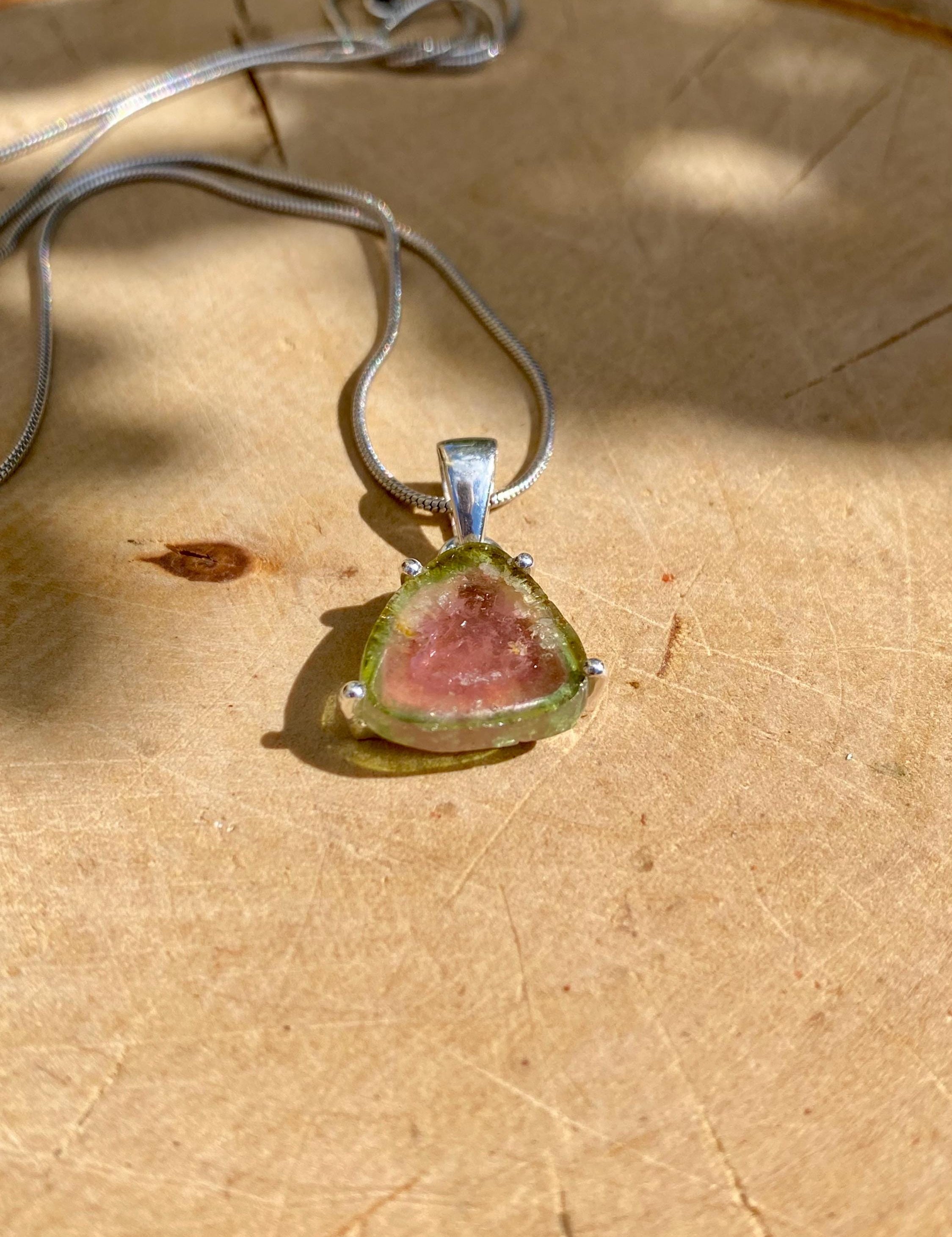 Watermelon Tourmaline Slice and Silver pendant