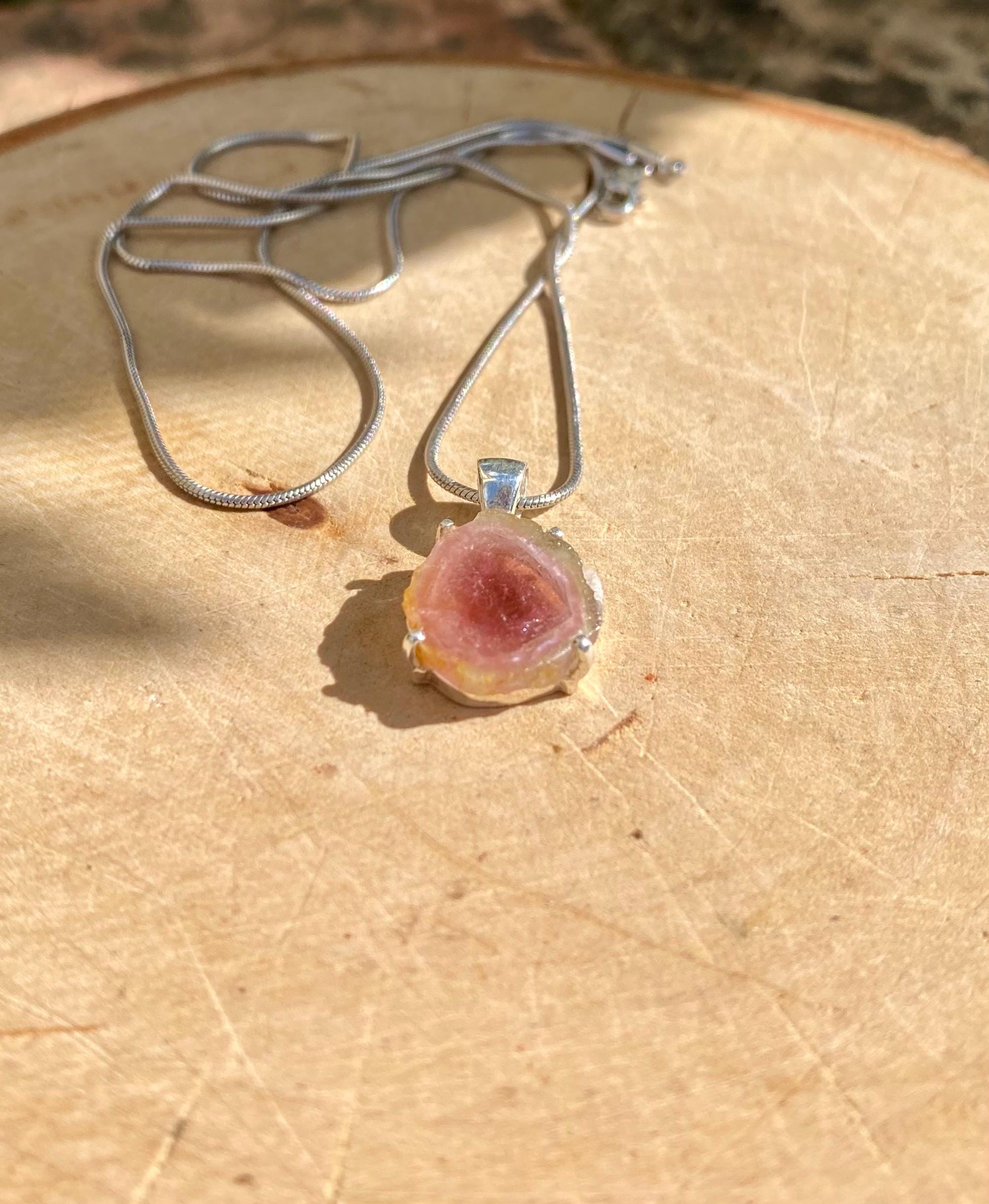 Watermelon Tourmaline Slice and Solid Silver Pendant
