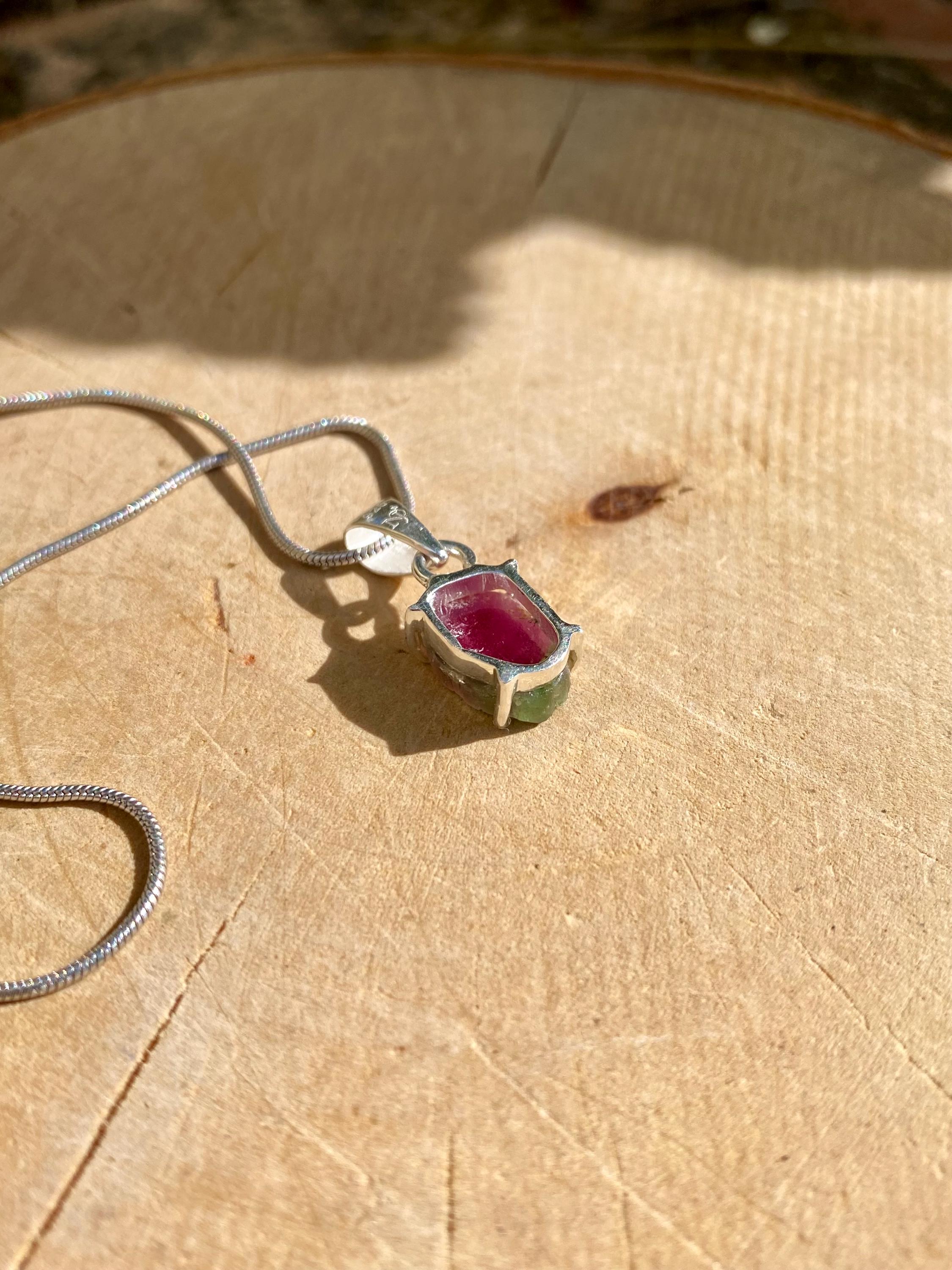 Watermelon Tourmaline Slice Silver pendant