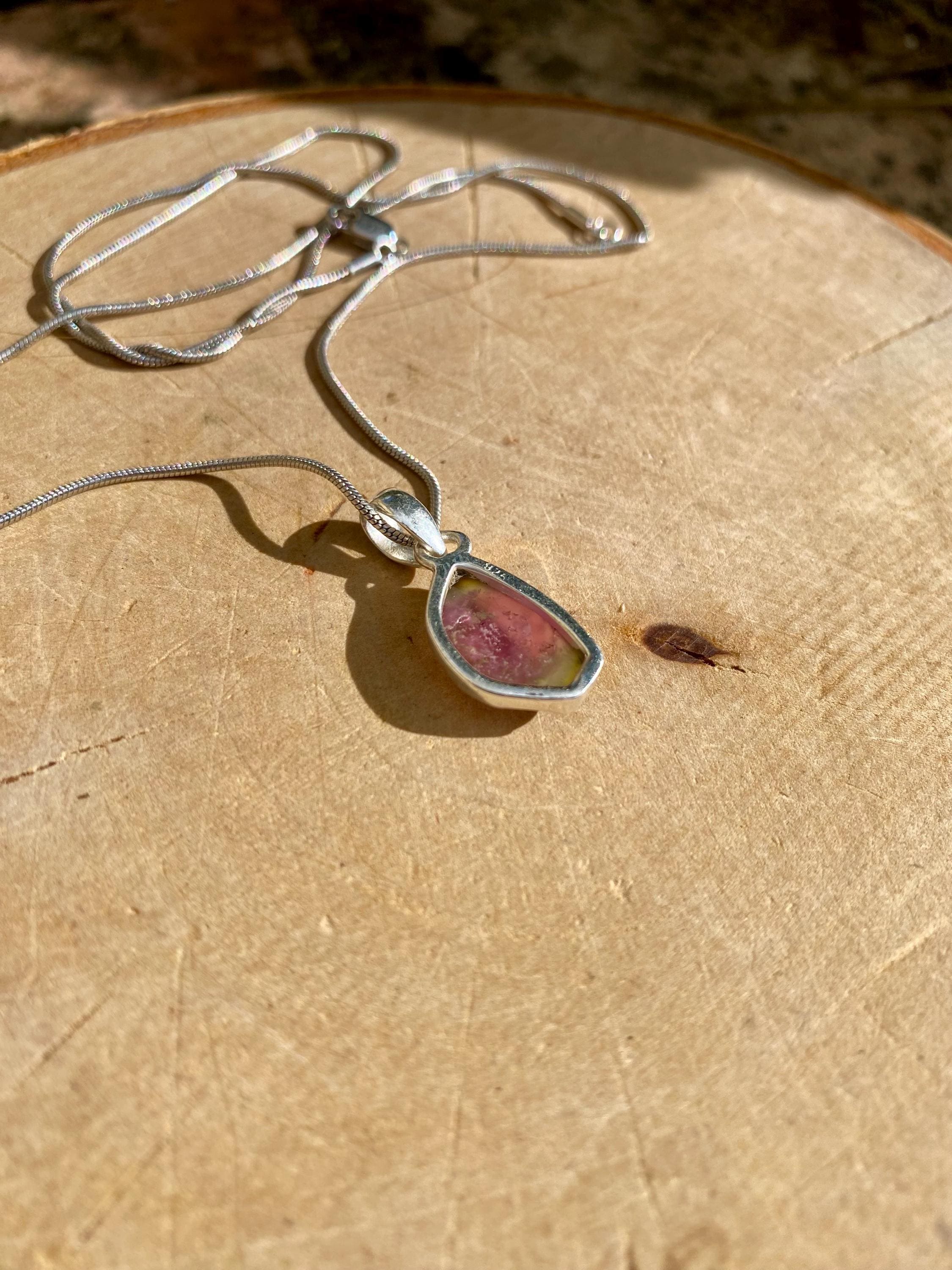 Watermelon Tourmaline Slice and Silver pendant