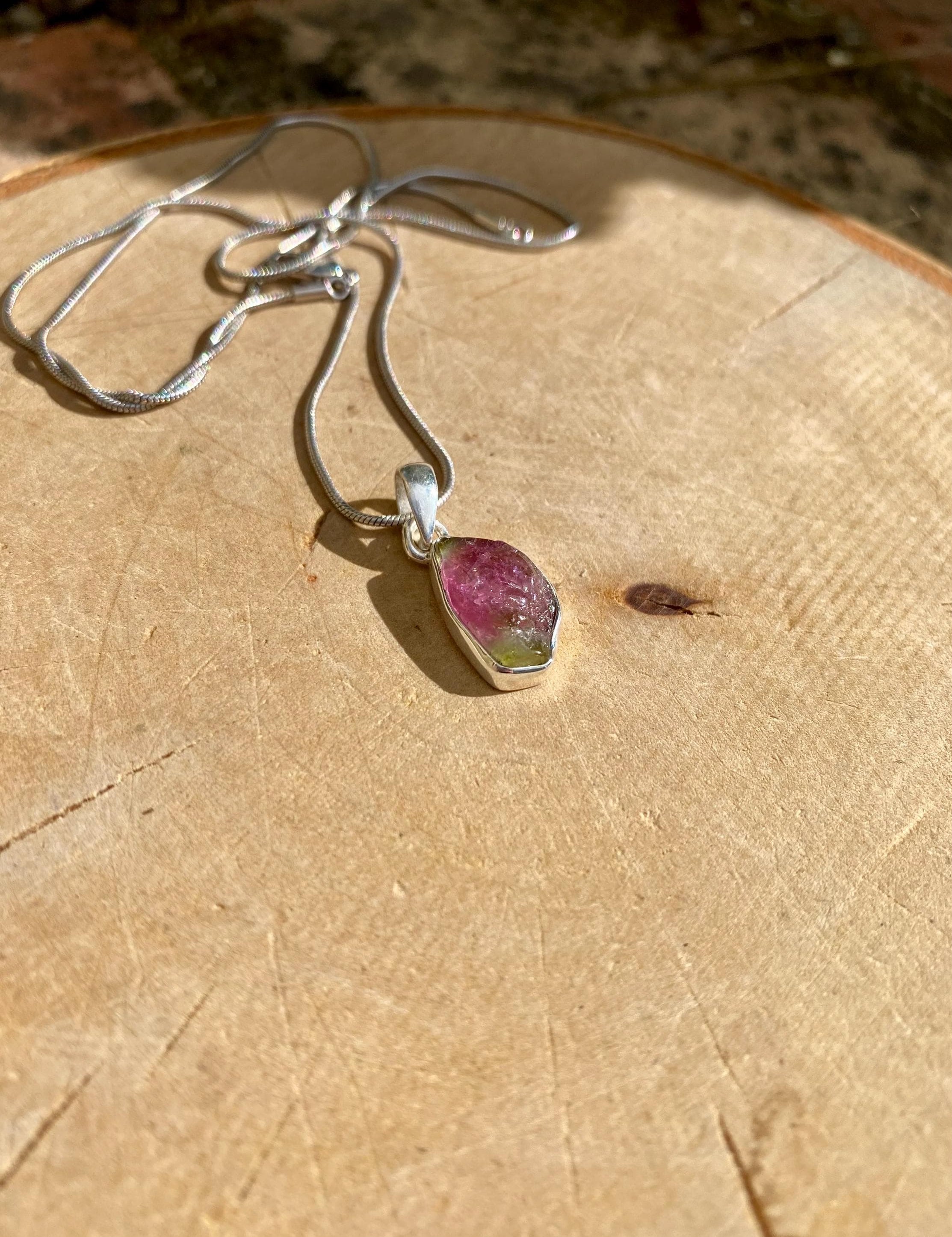 Watermelon Tourmaline Slice and Silver pendant