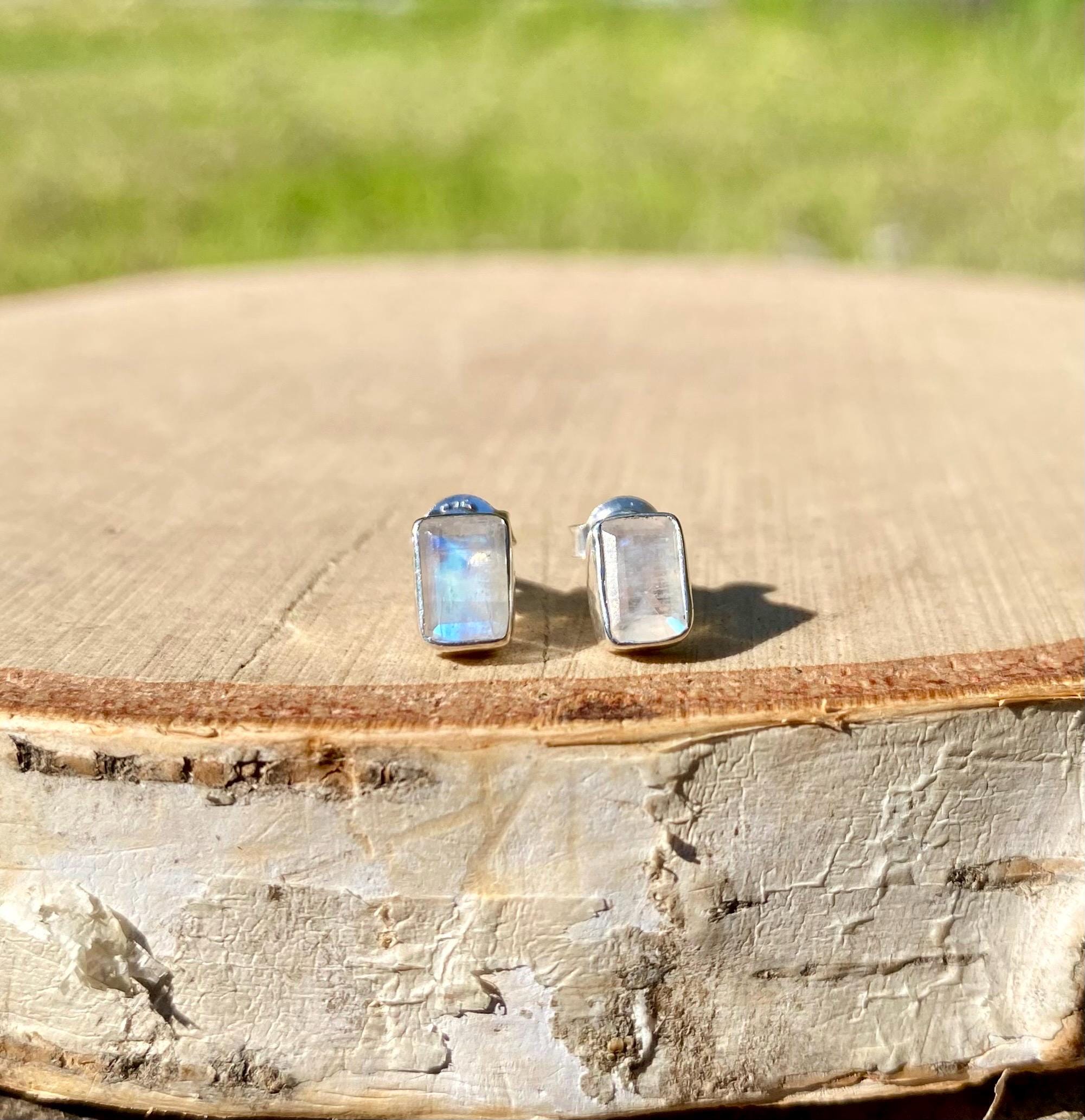 Blue Fire Moonstone Sterling Silver Stud Earrings