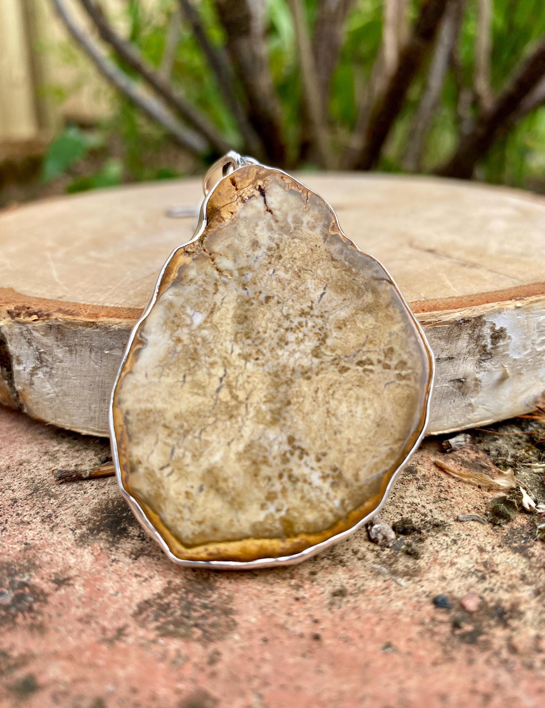 Petrified Wood Slice Pendant, Pear Cut 51mm x 40mm, Sterling Silver, Handmade UK gift