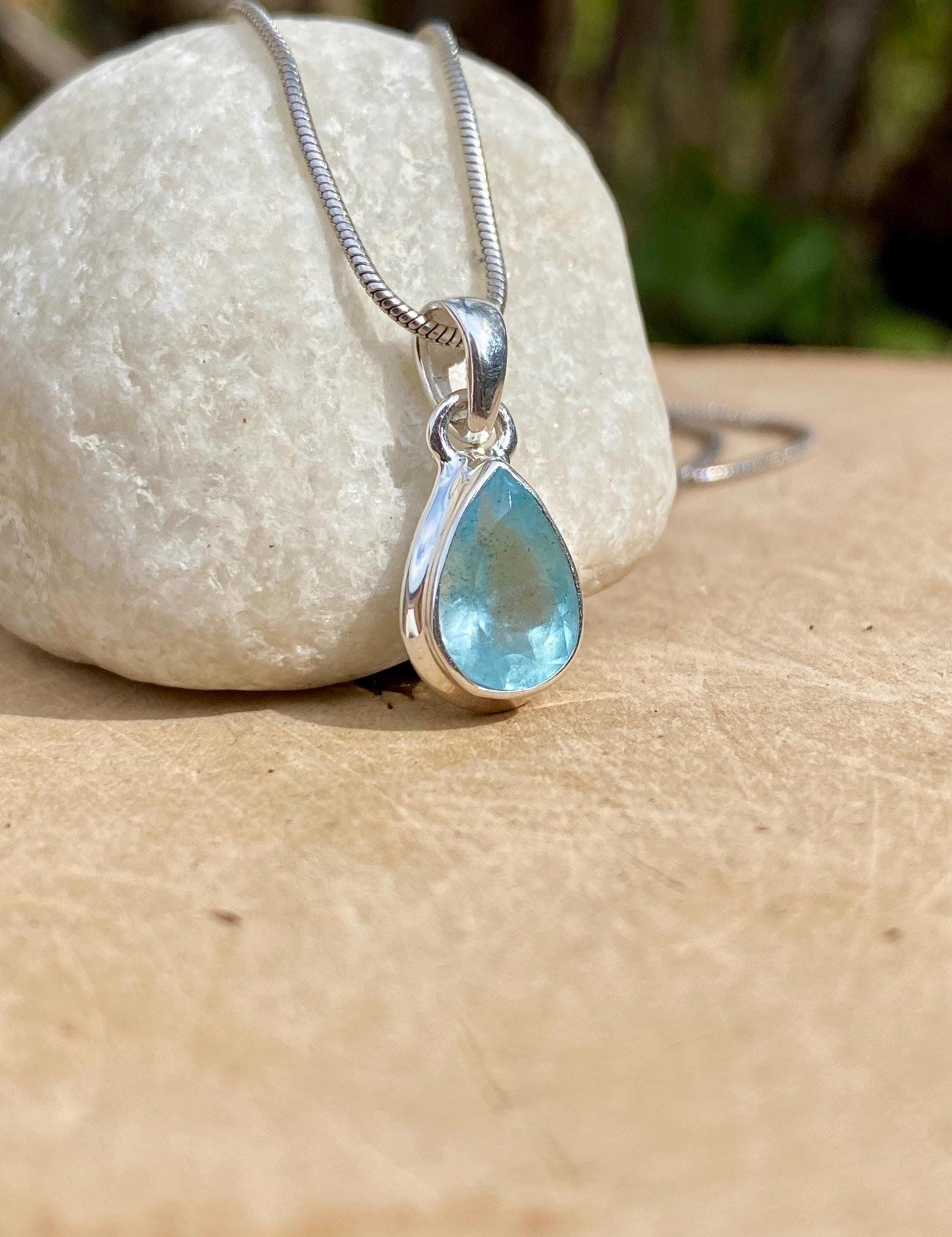 Fine Cut Natural Aquamarine Teardrop Sterling Silver Pendant