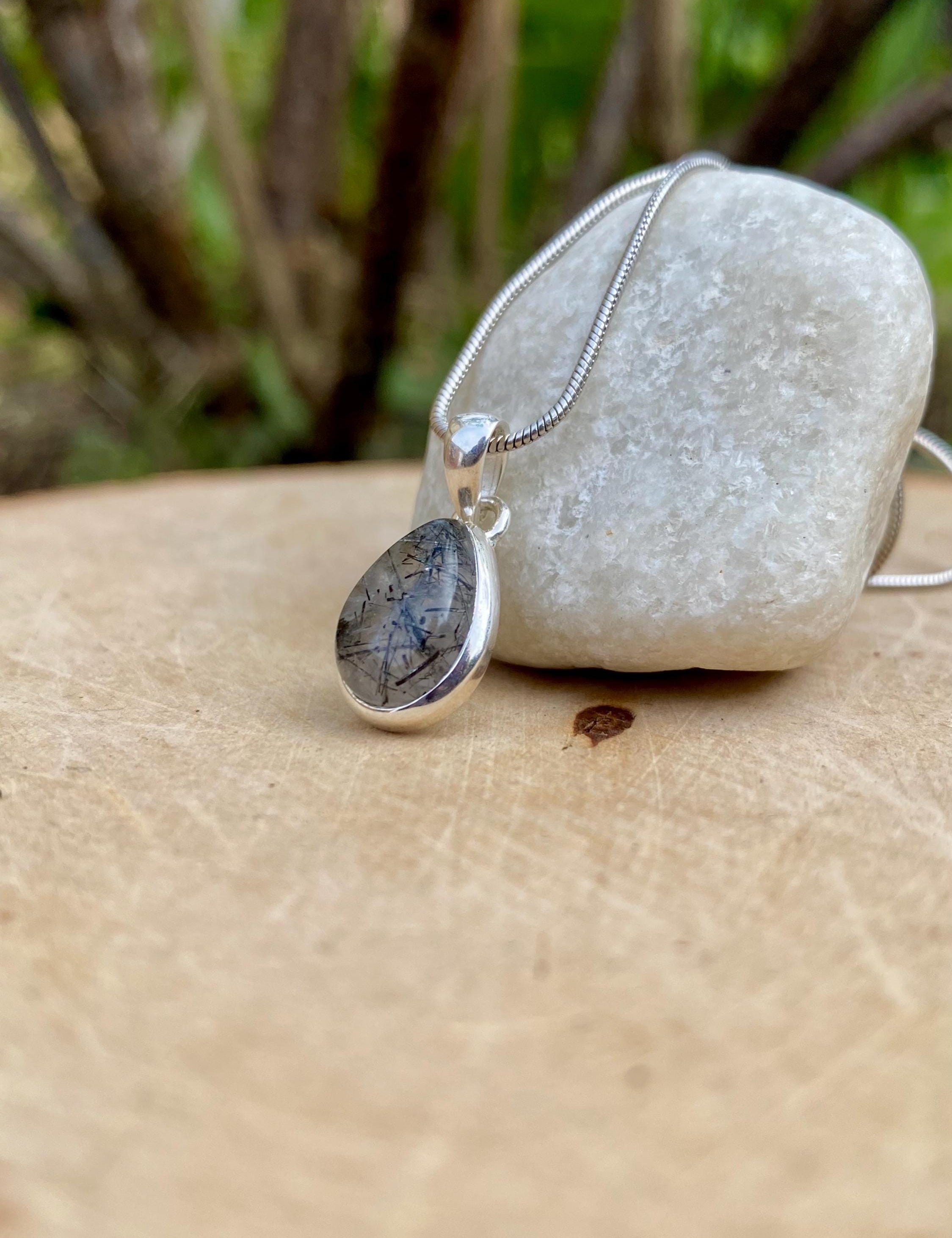 Black Tourmaline Rutilated Quartz and Silver Pendant