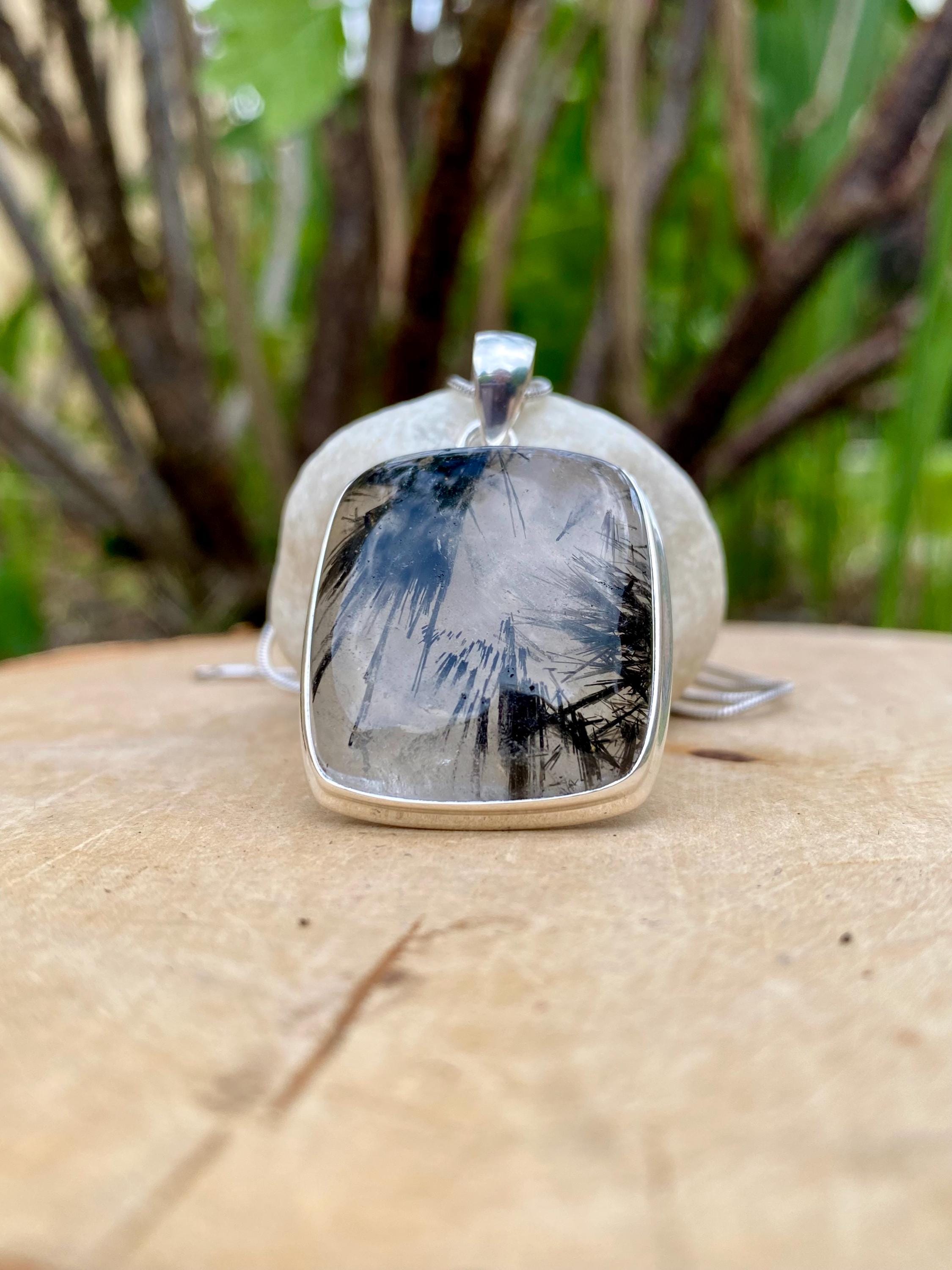 Black Tourmaline Rutilated Quartz and Silver Pendant