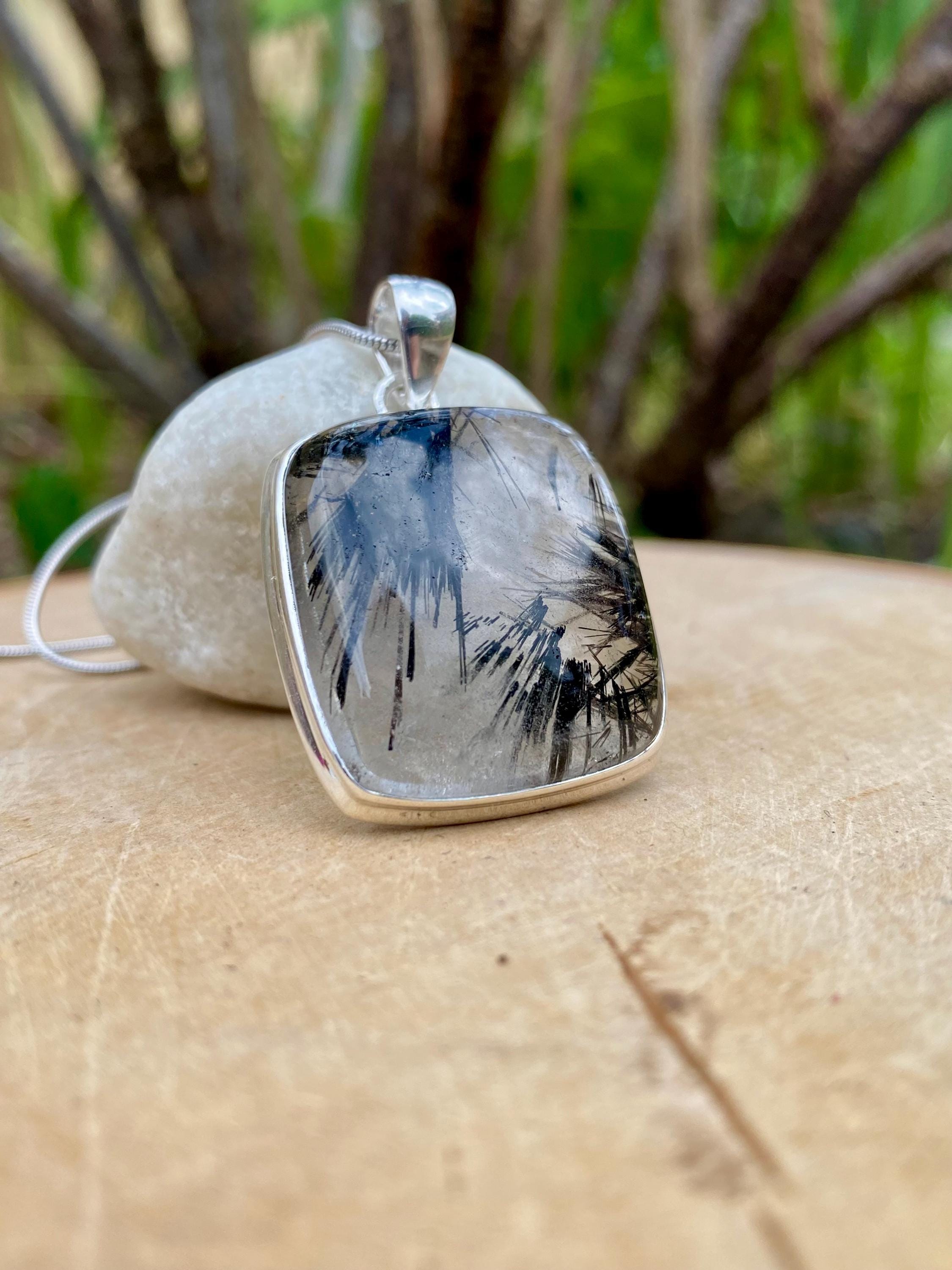 Black Tourmaline Rutilated Quartz and Silver Pendant