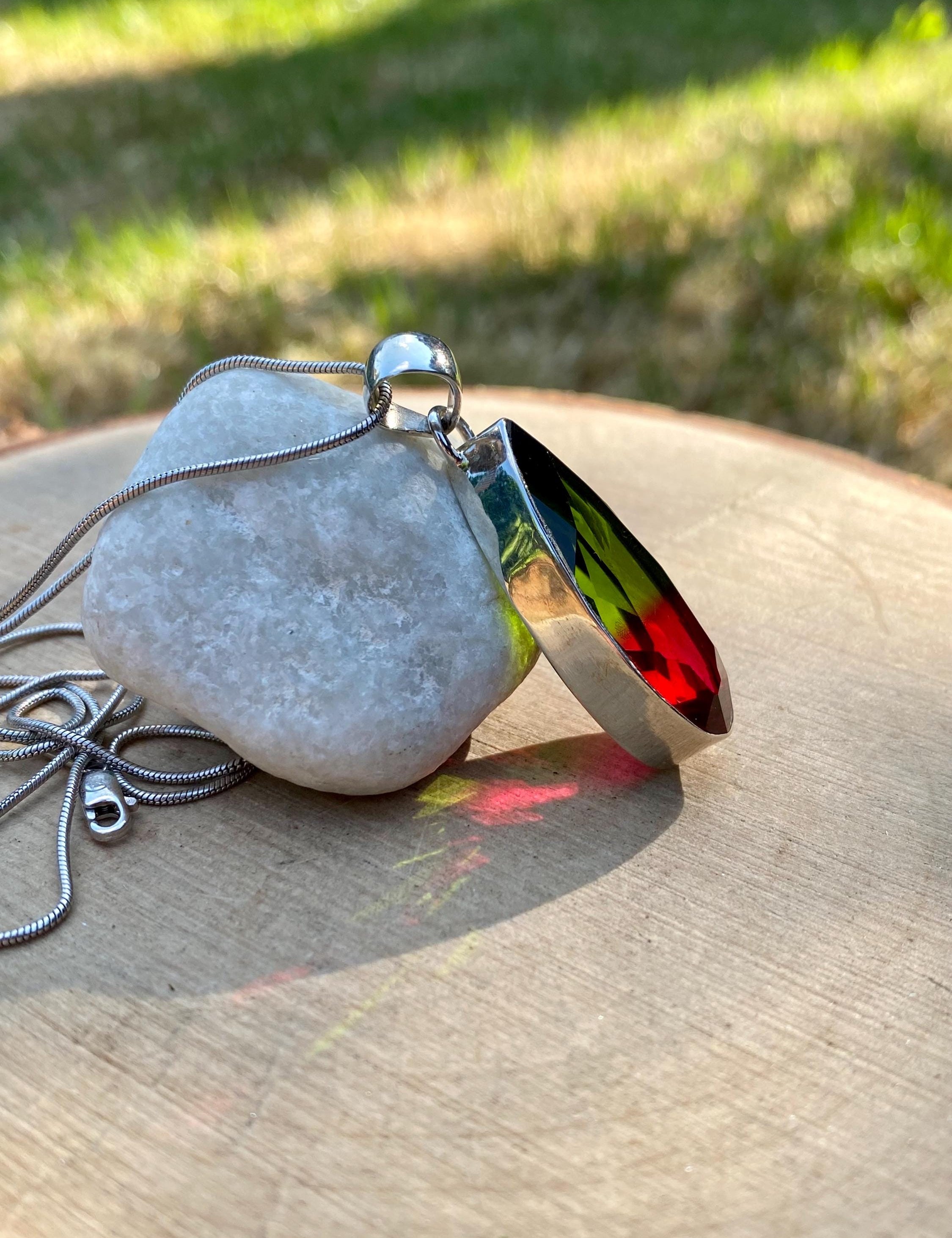 Watermelon Tourmaline Silver Teardrop Pendant (M5)