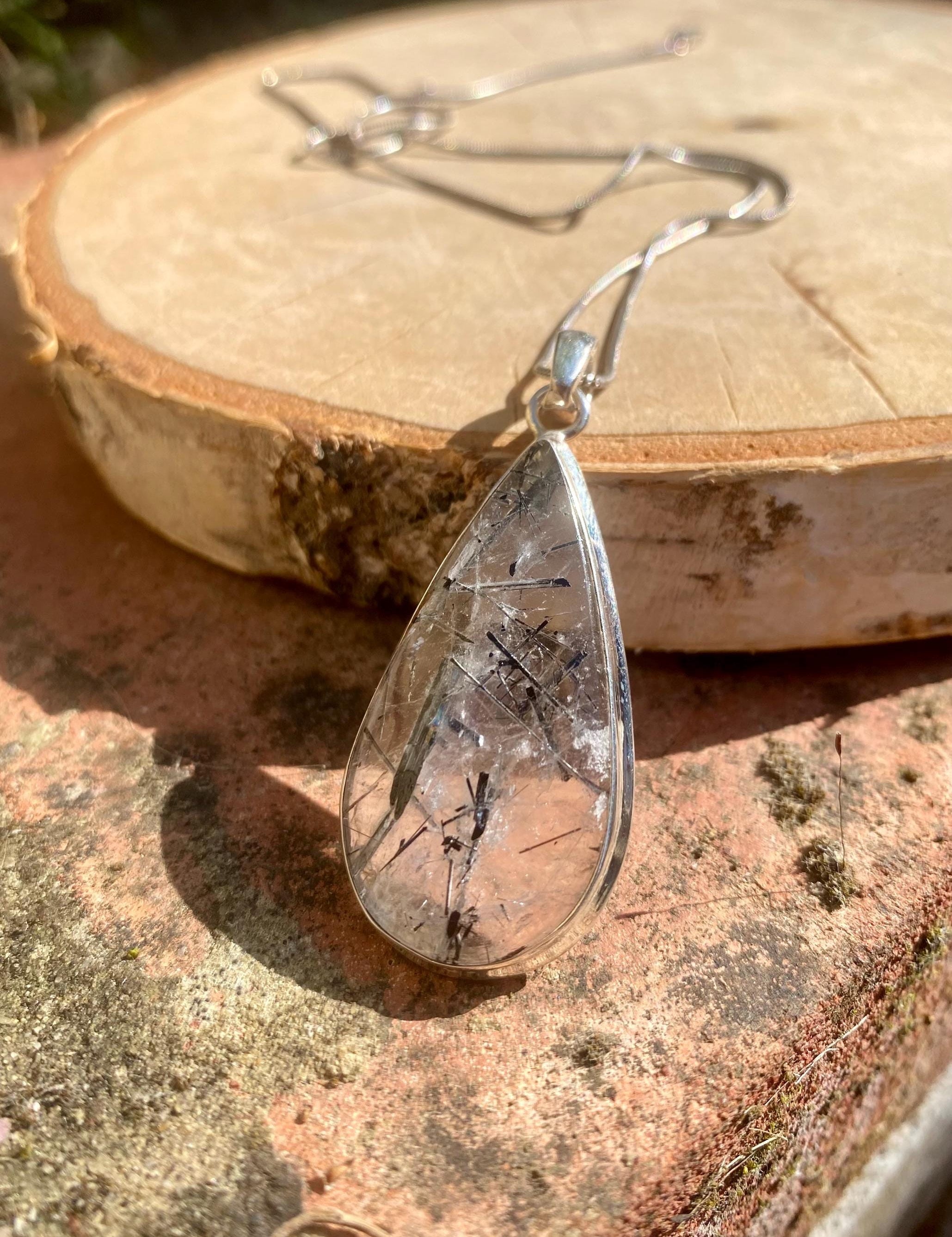 Pear Cut Black Tourmaline Rutilated Quartz Sterling Silver Pendant