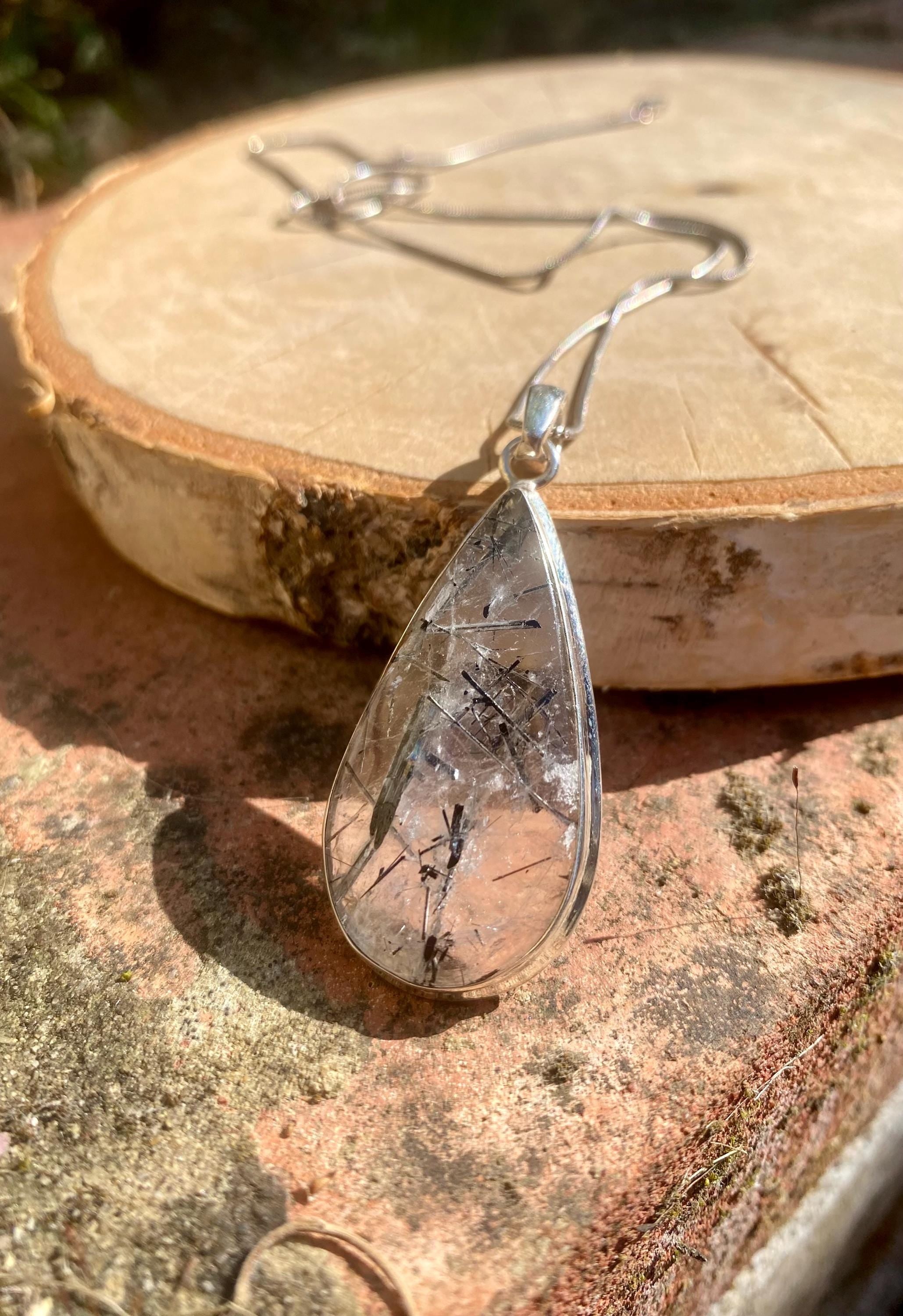 Pear Cut Black Tourmaline Rutilated Quartz Sterling Silver Pendant