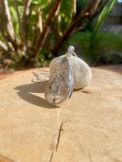 Pear Cut Black Tourmaline Rutilated Quartz Sterling Silver Pendant