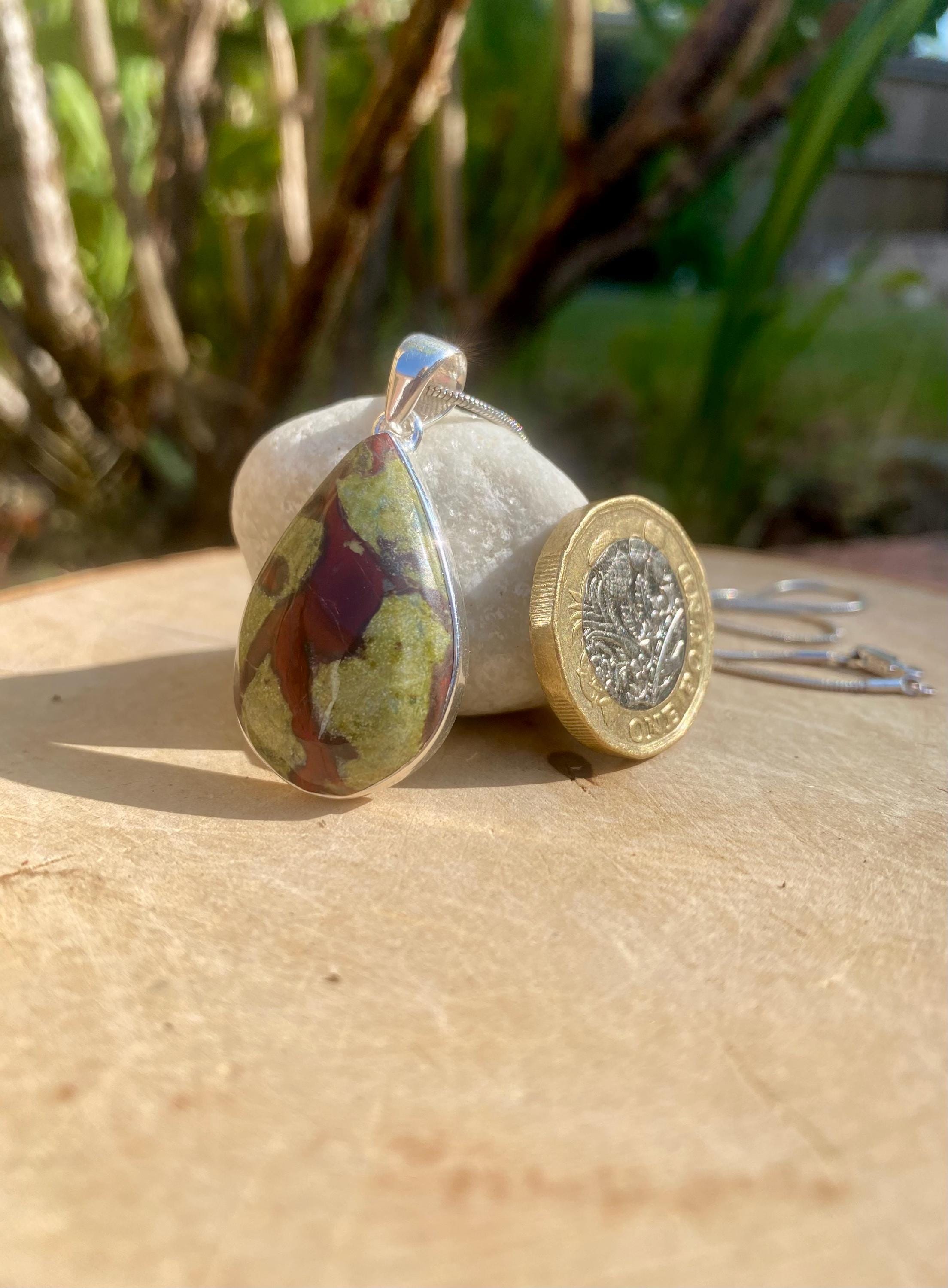 Pear Cut African Dragon Bloodstone Sterling Silver Pendant