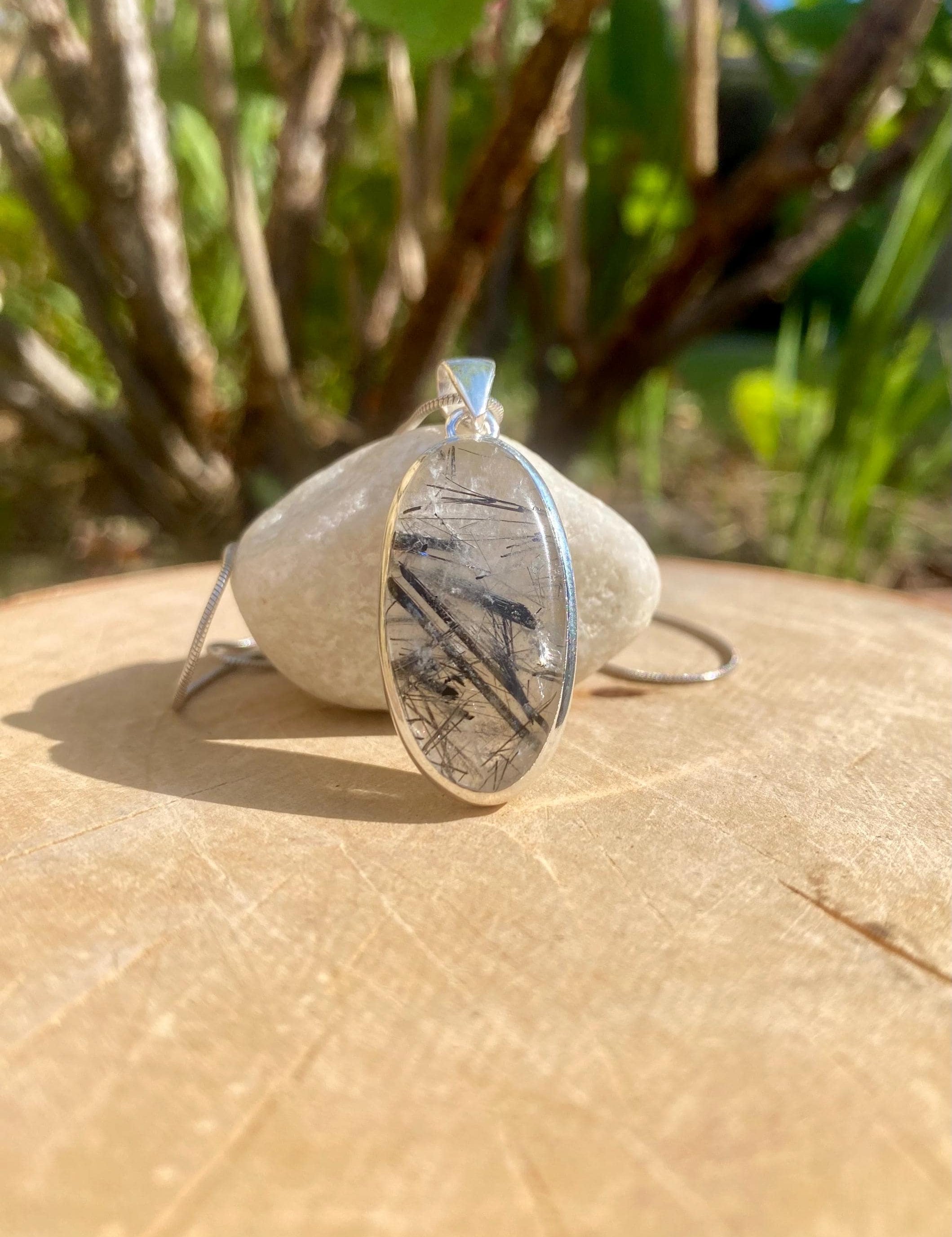 Black Tourmaline Rutilated Quartz Sterling Silver Pendant