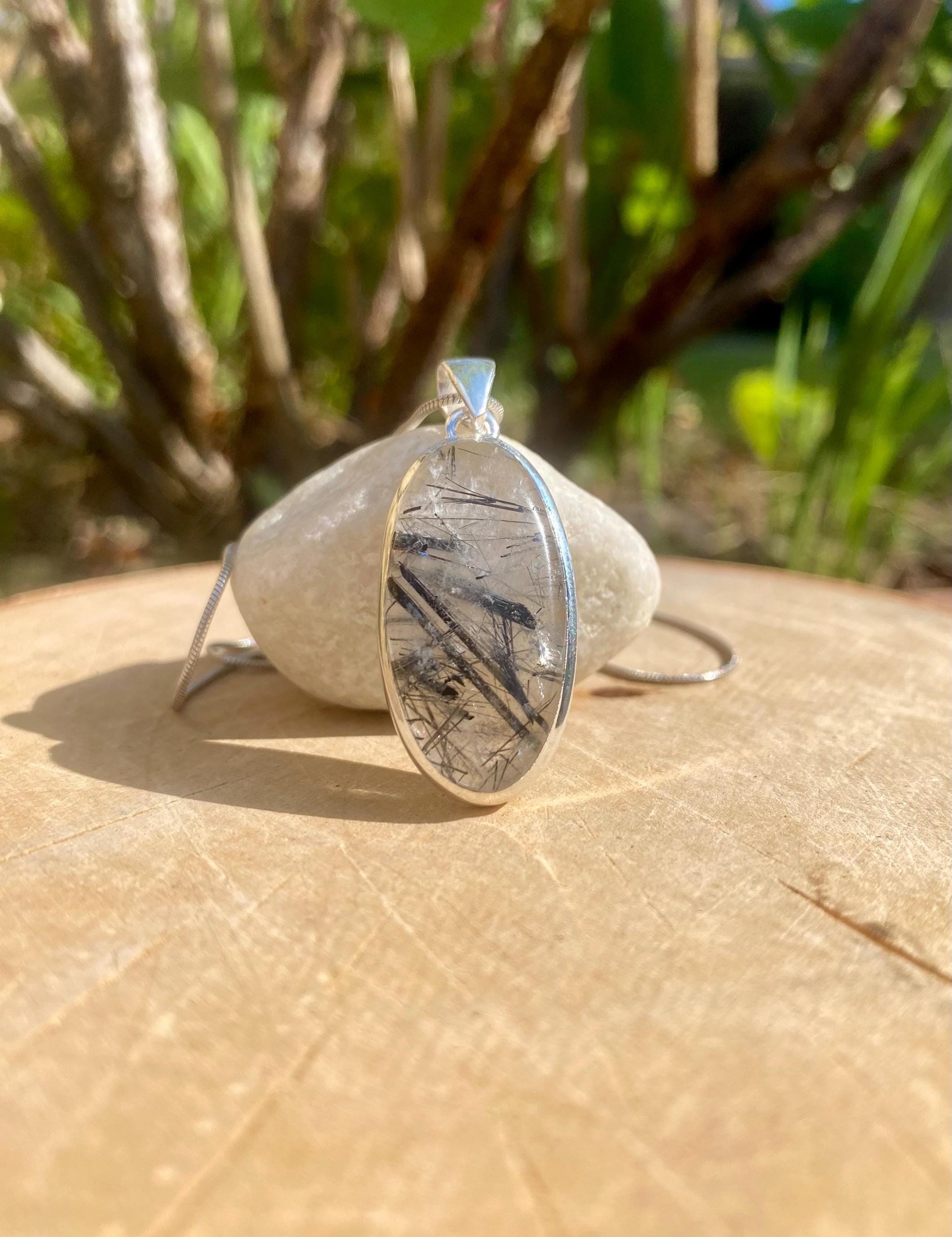 Oval Black Tourmaline Rutilated Quartz Sterling Silver Pendant