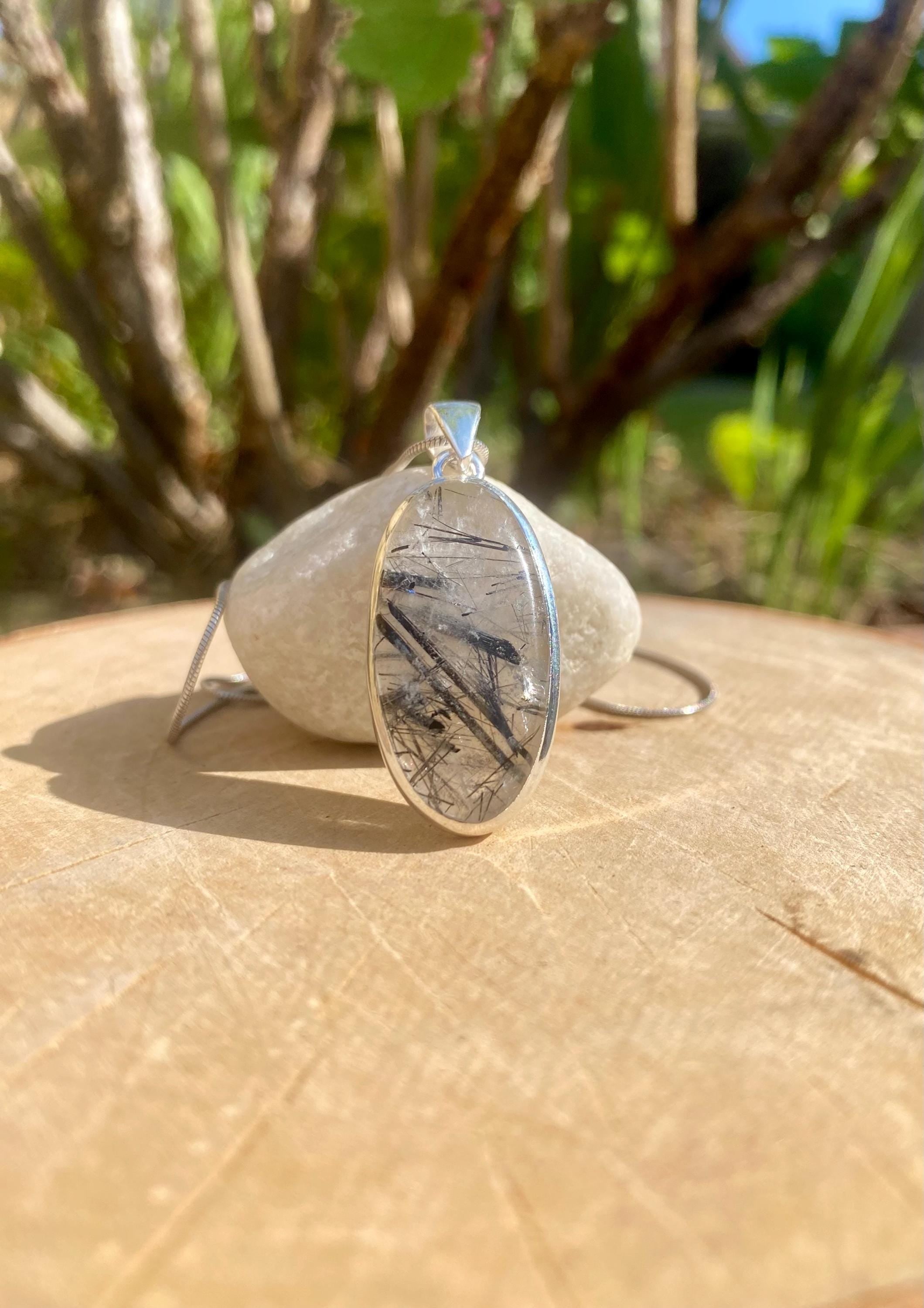 Oval Black Tourmaline Rutilated Quartz Sterling Silver Pendant