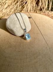 Emerald Cut Faceted Natural Aquamarine Sterling Silver Pendant
