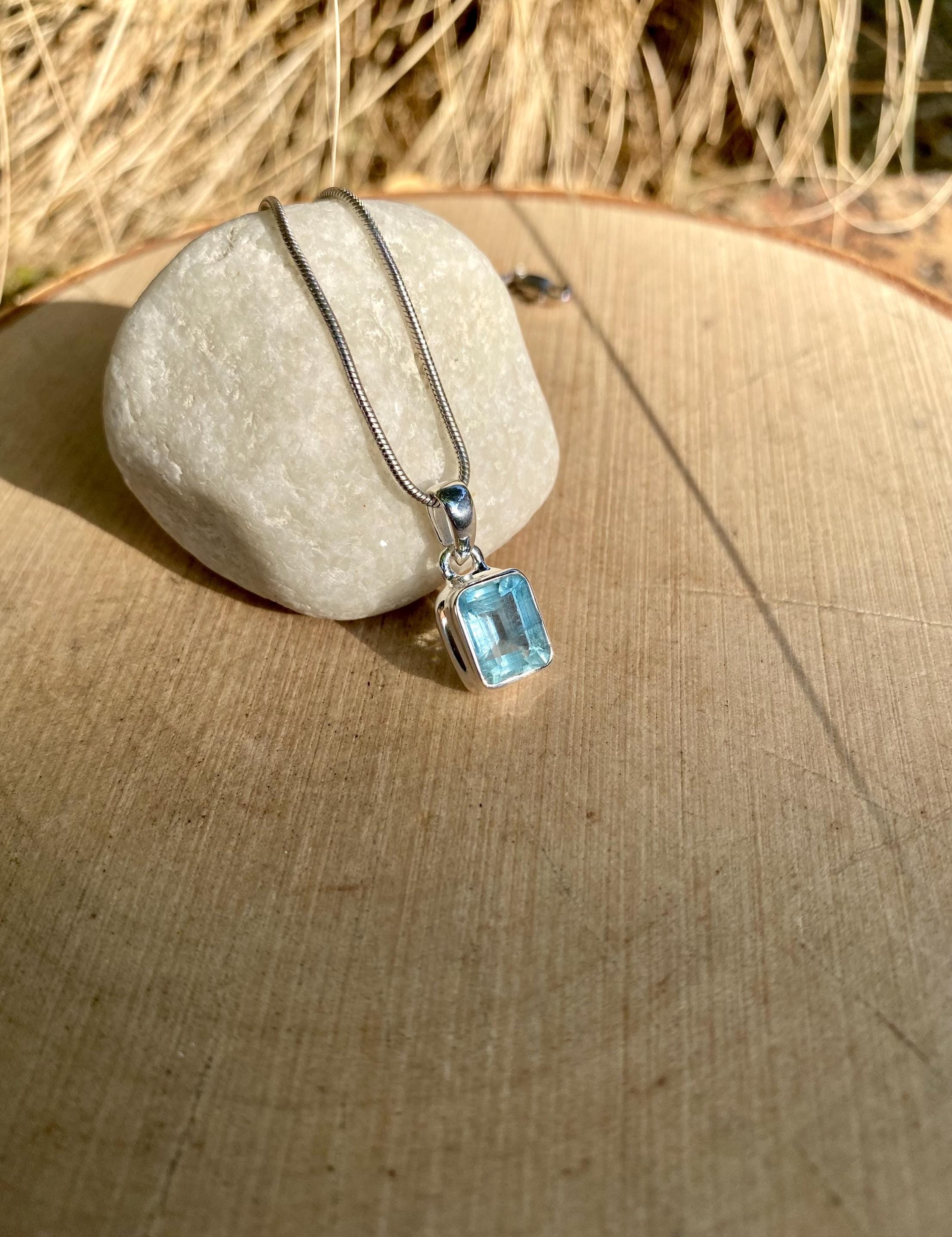 Emerald Cut Faceted Natural Aquamarine Sterling Silver Pendant