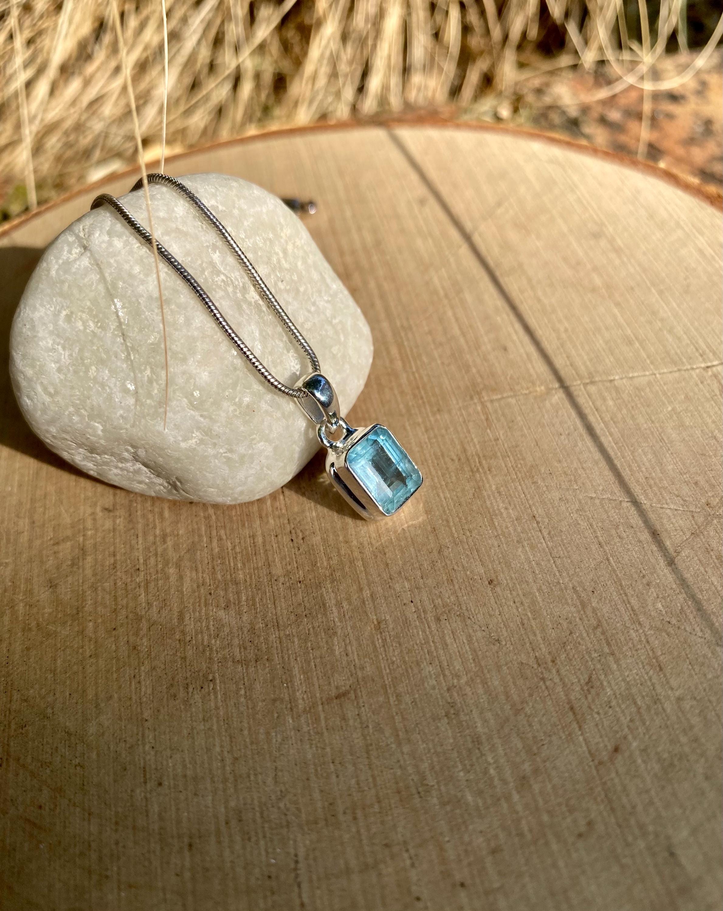 Emerald Cut Faceted Natural Aquamarine Sterling Silver Pendant