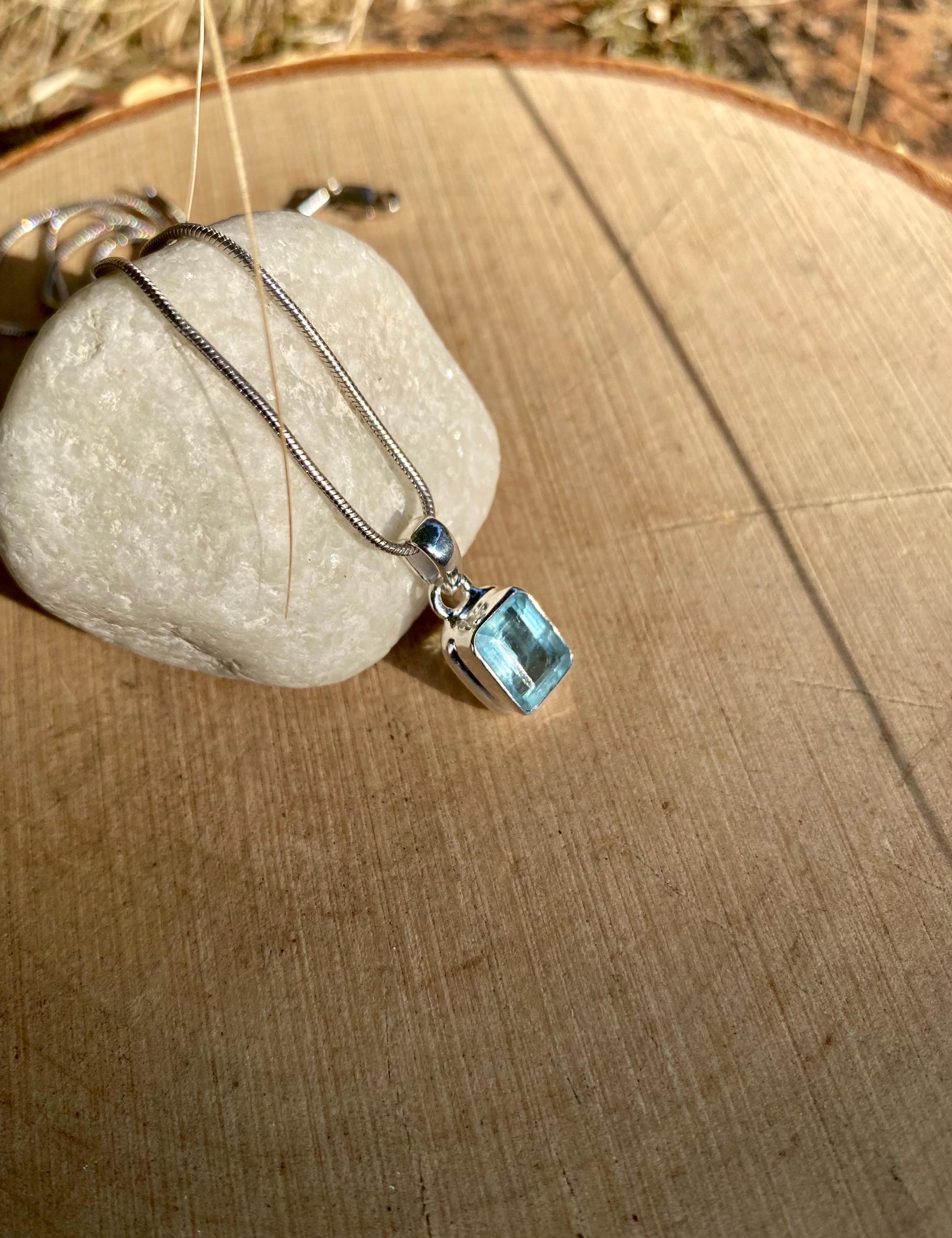 Emerald Cut Faceted Natural Aquamarine Sterling Silver Pendant