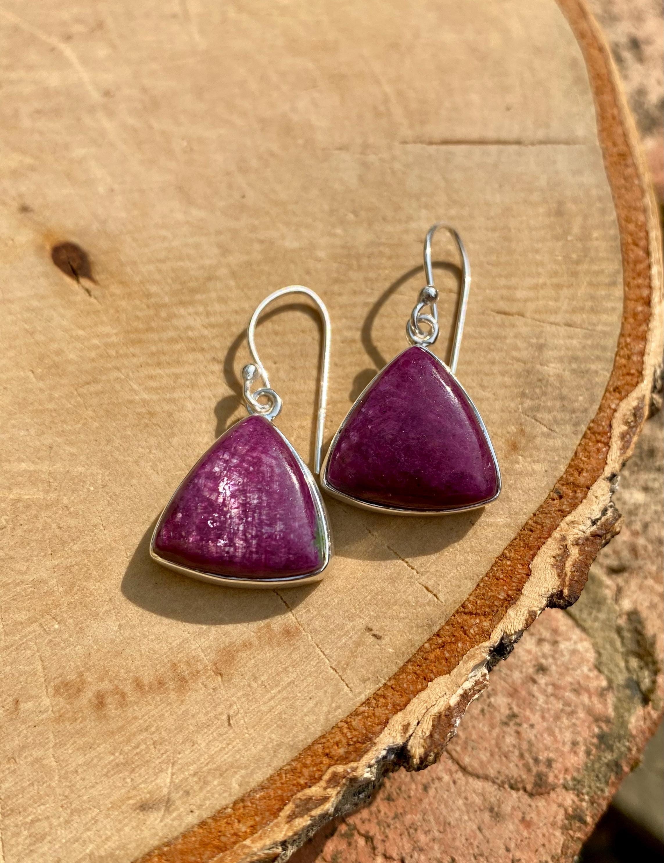 Triangle shaped Natural African Ruby Sterling Silver Dangle Earrings