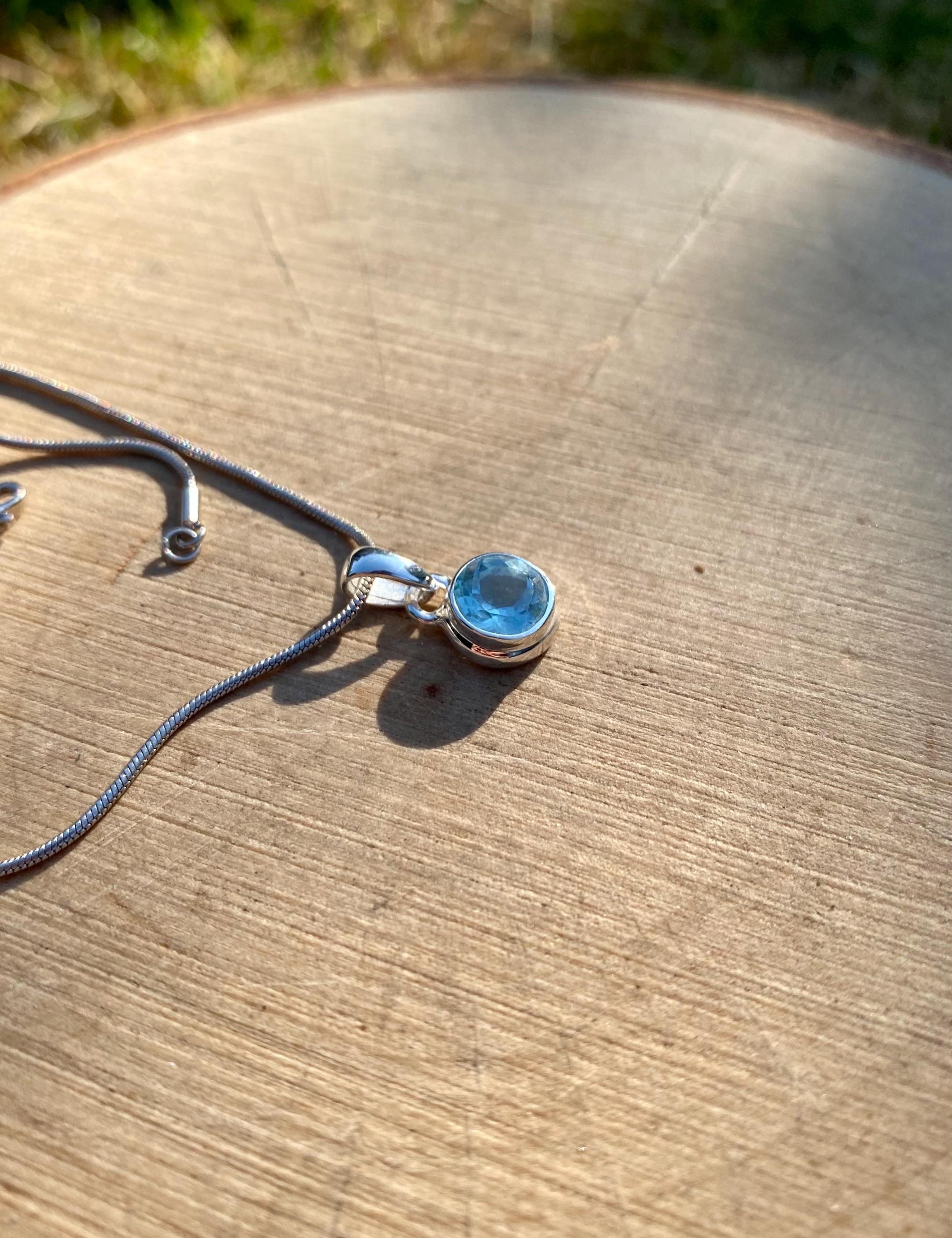 Round Cut Faceted Natural Aquamarine Sterling Silver Pendant