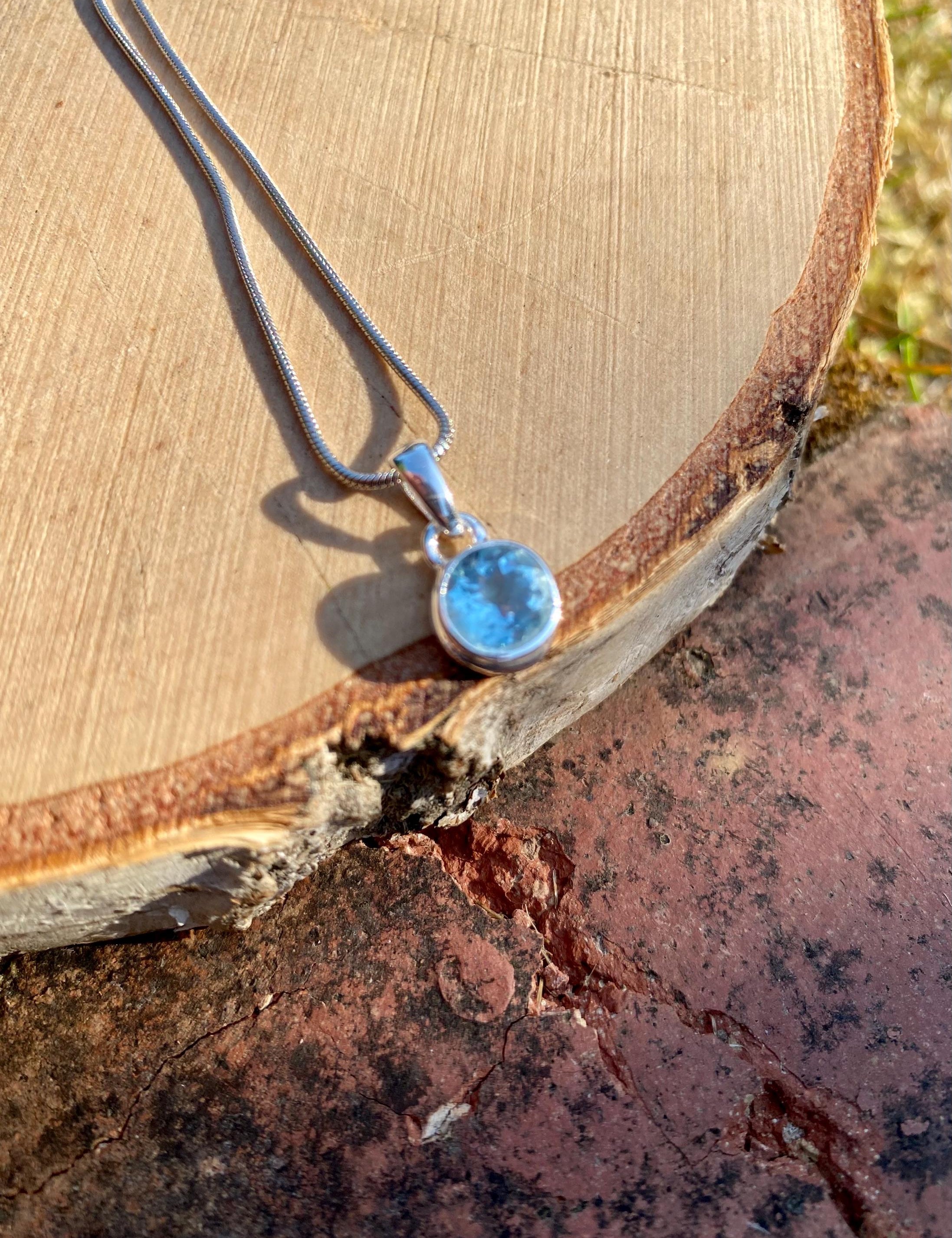 Round Cut Faceted Natural Aquamarine Sterling Silver Pendant