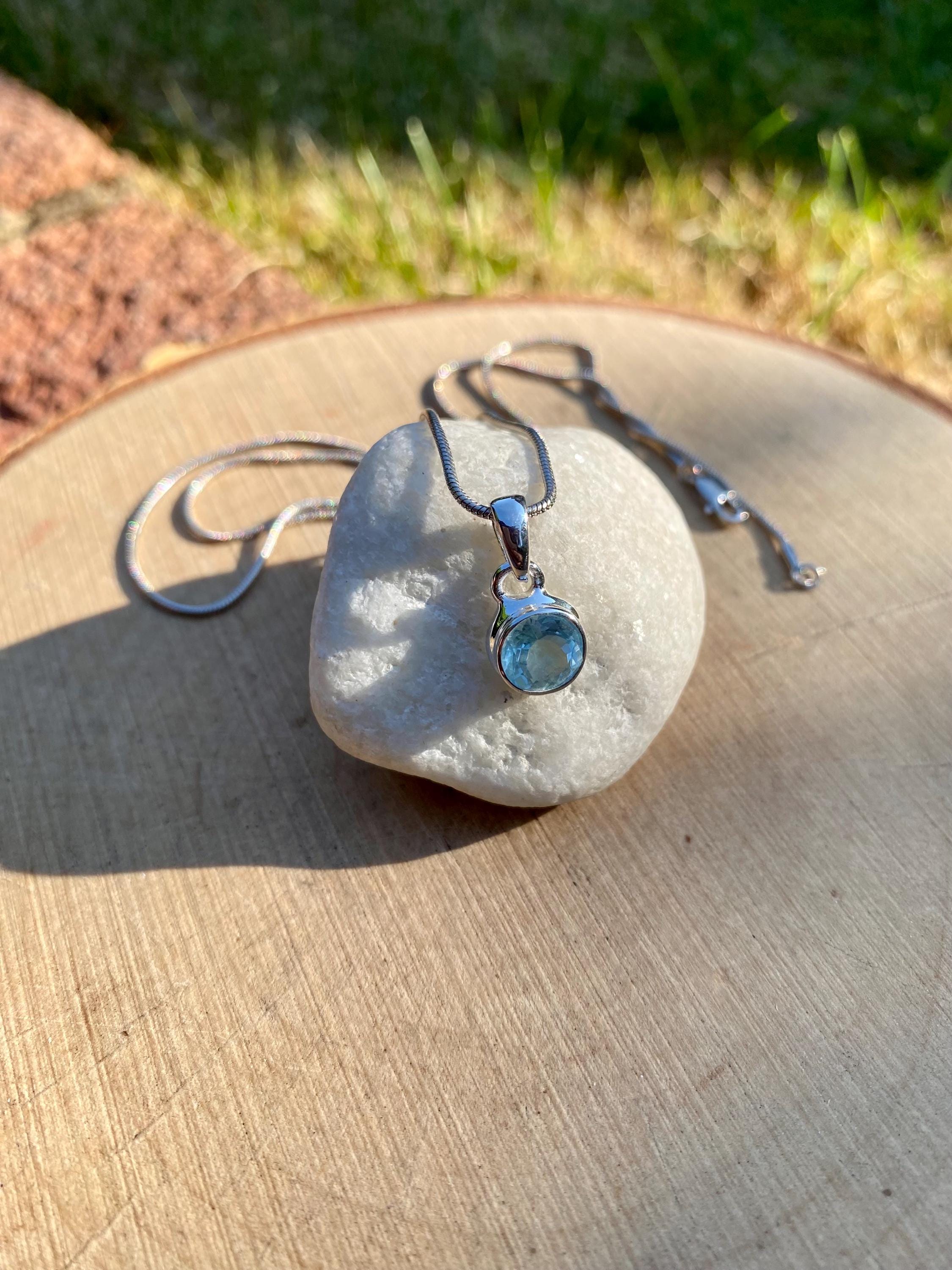 Round Cut Faceted Natural Aquamarine Sterling Silver Pendant
