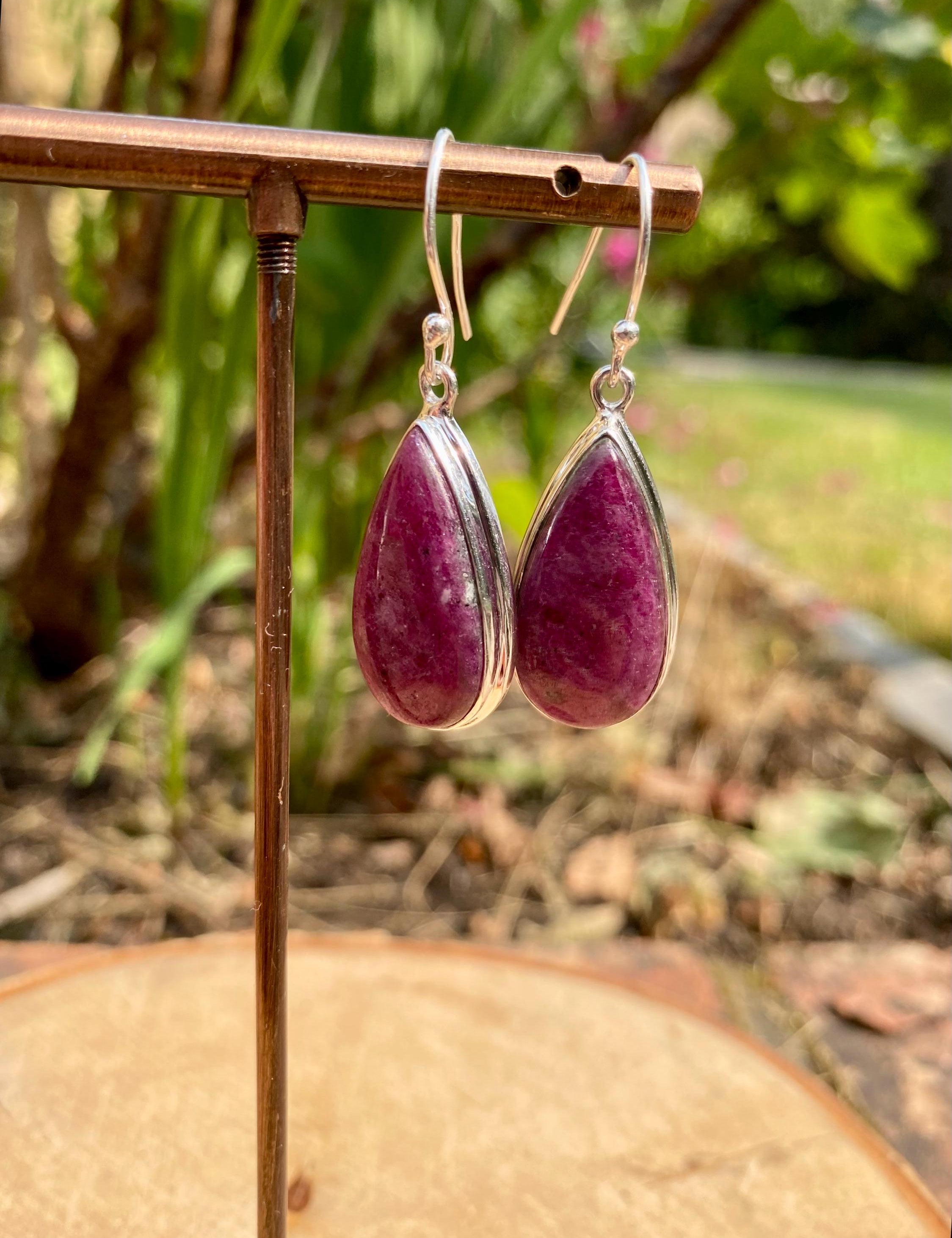 Pear Cut Natural African Ruby Sterling Silver Dangle Earrings