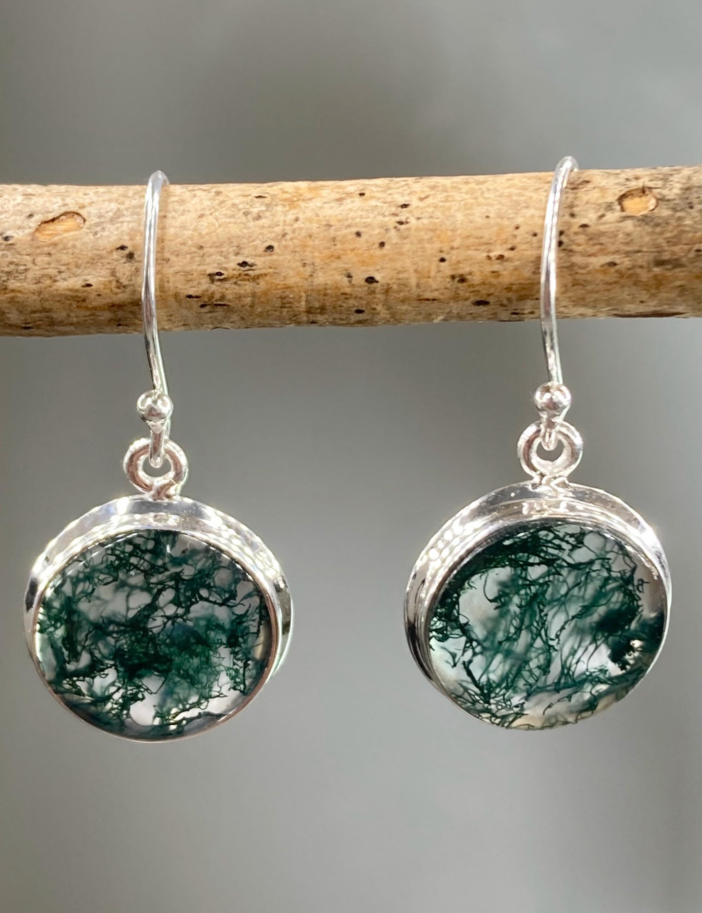Moss Agate and Silver Round Earrings