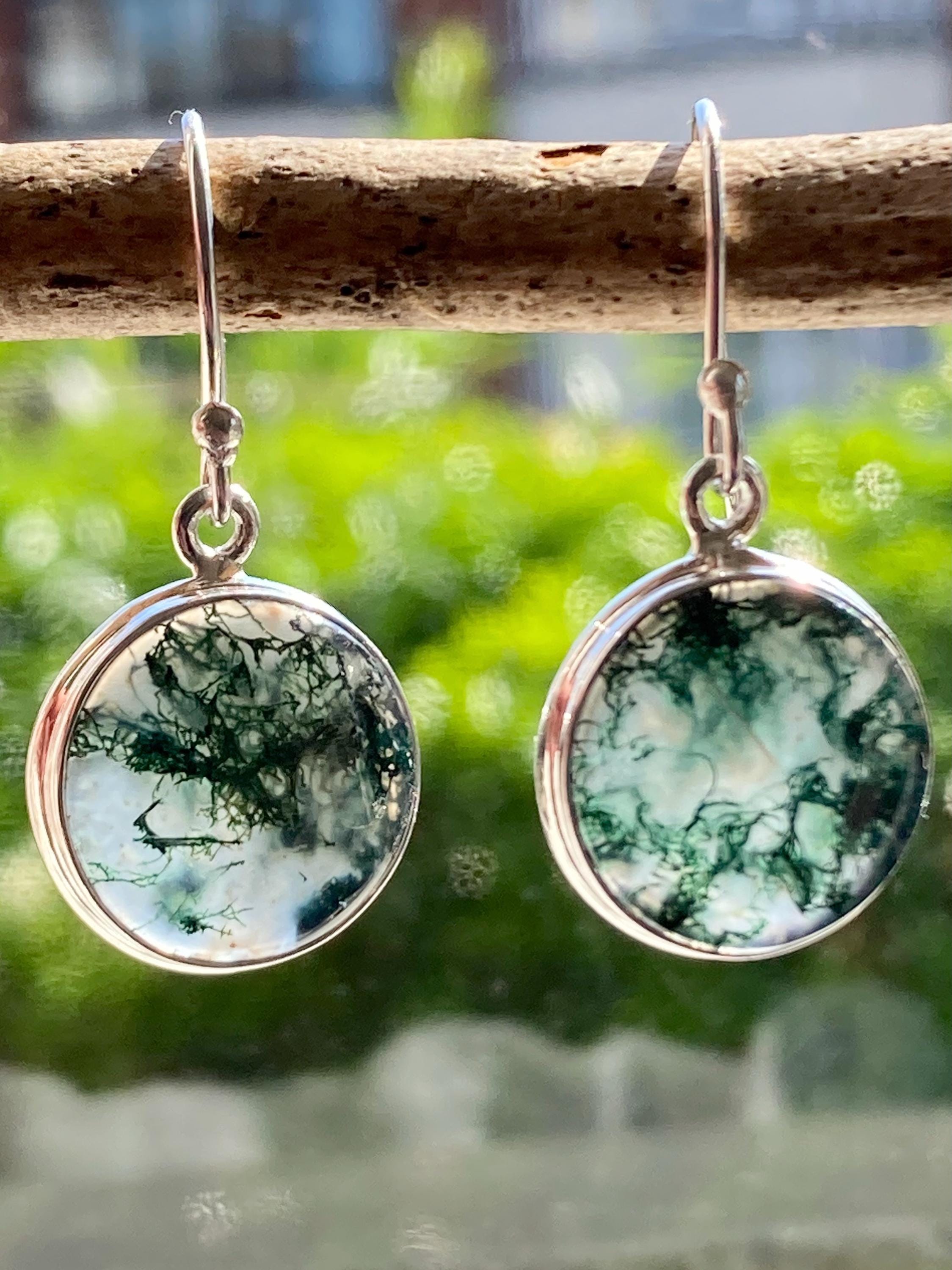 Moss Agate Sterling Silver Round Earrings