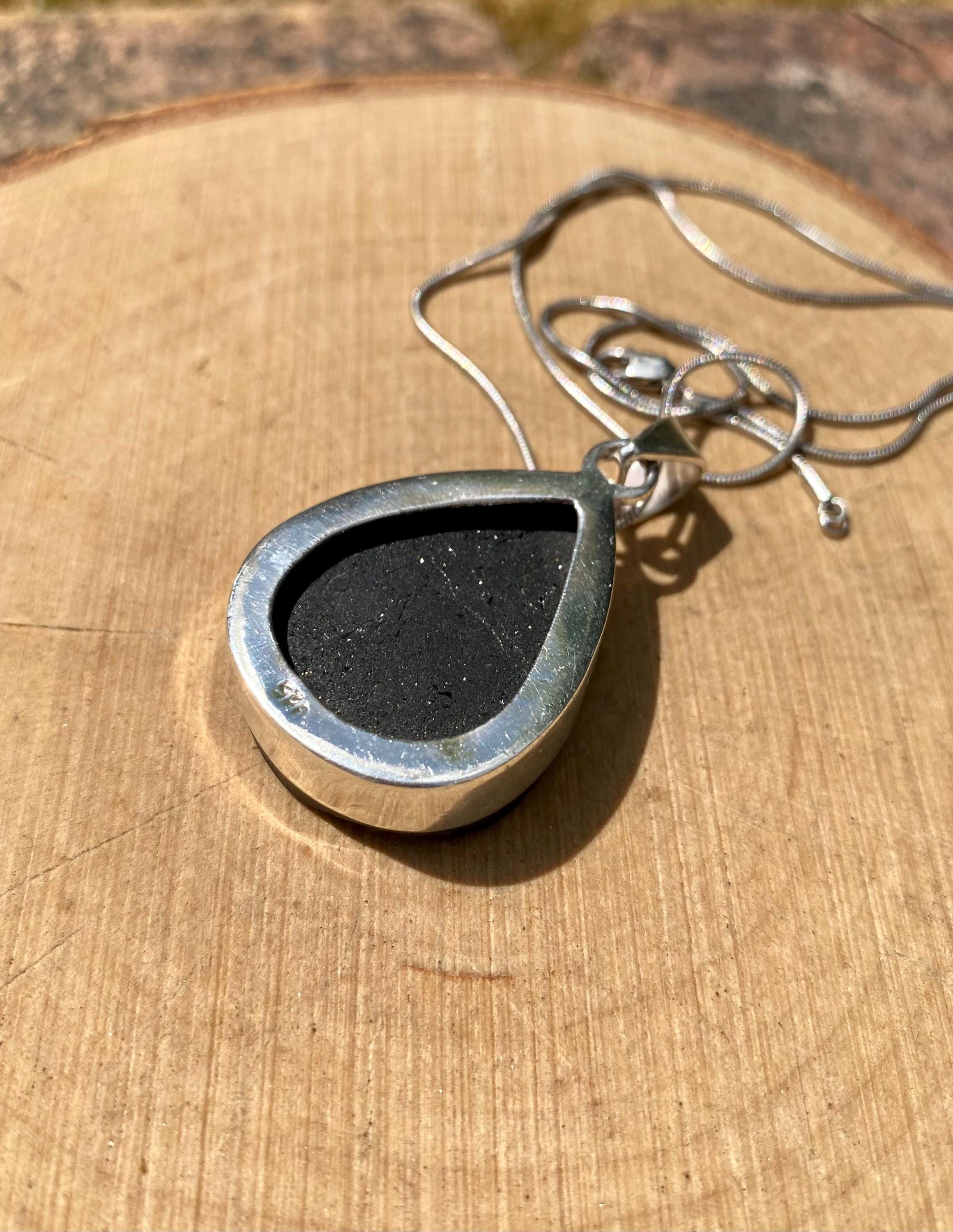 Raw Black Tourmaline Pendant, Teardrop 33mm x 27mm Sterling Silver, Handmade UK