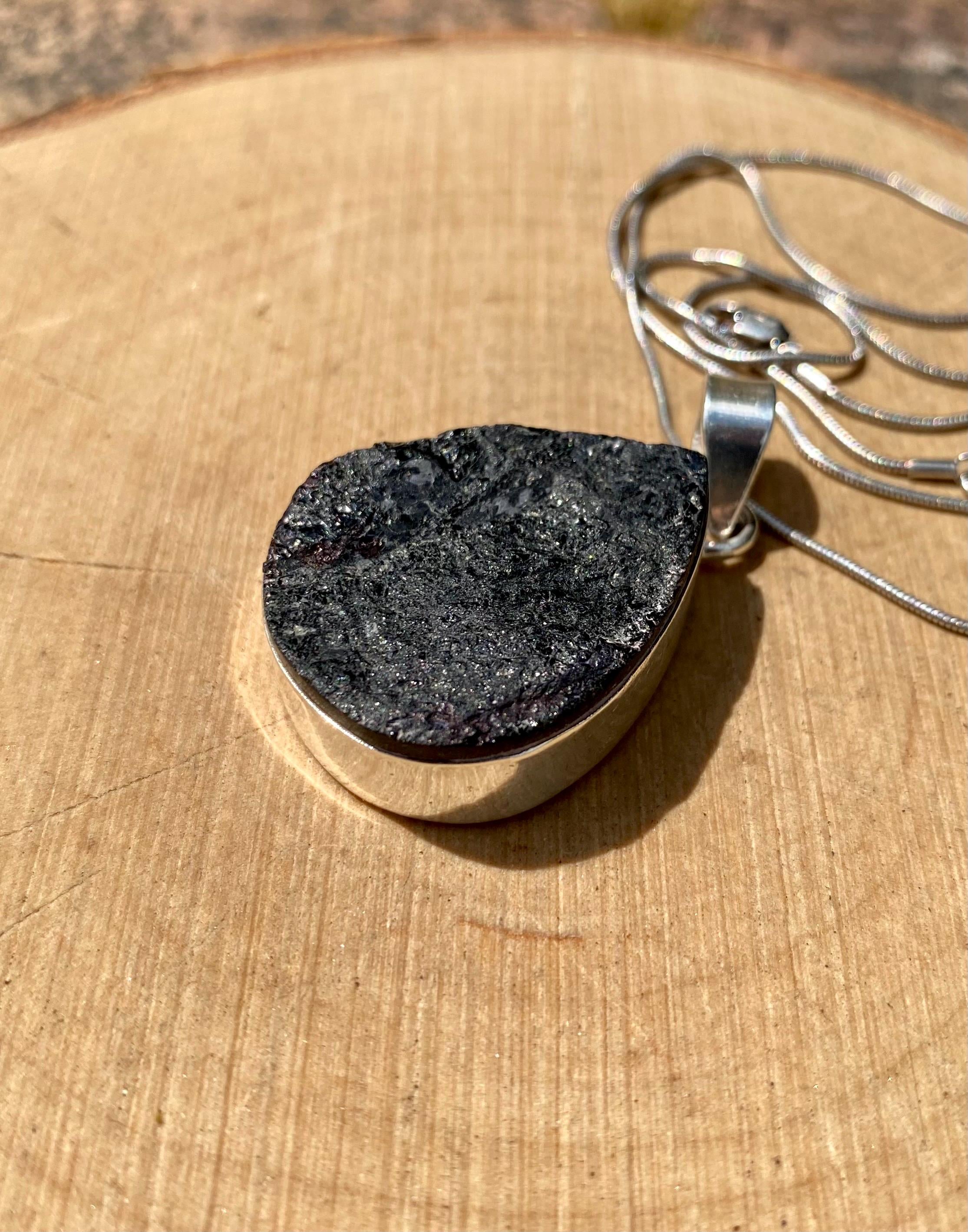 Raw Black Tourmaline Pendant, Teardrop 33mm x 27mm Sterling Silver, Handmade UK