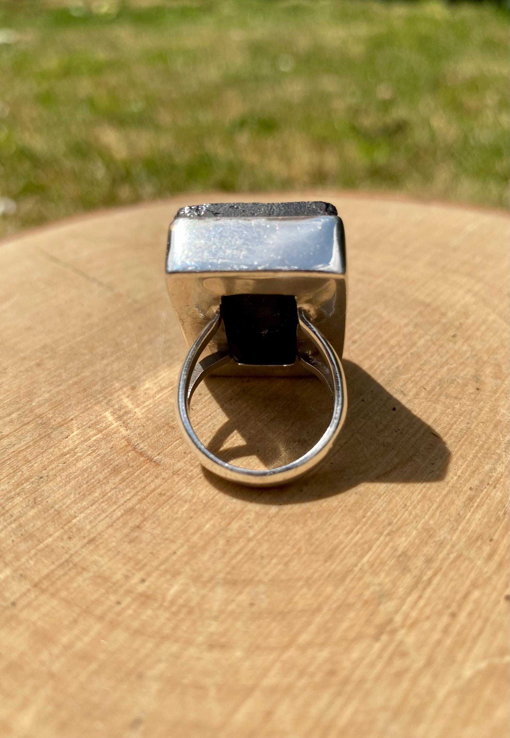 Handmade Chunky Black Tourmaline Sterling Silver Ring - Size 7