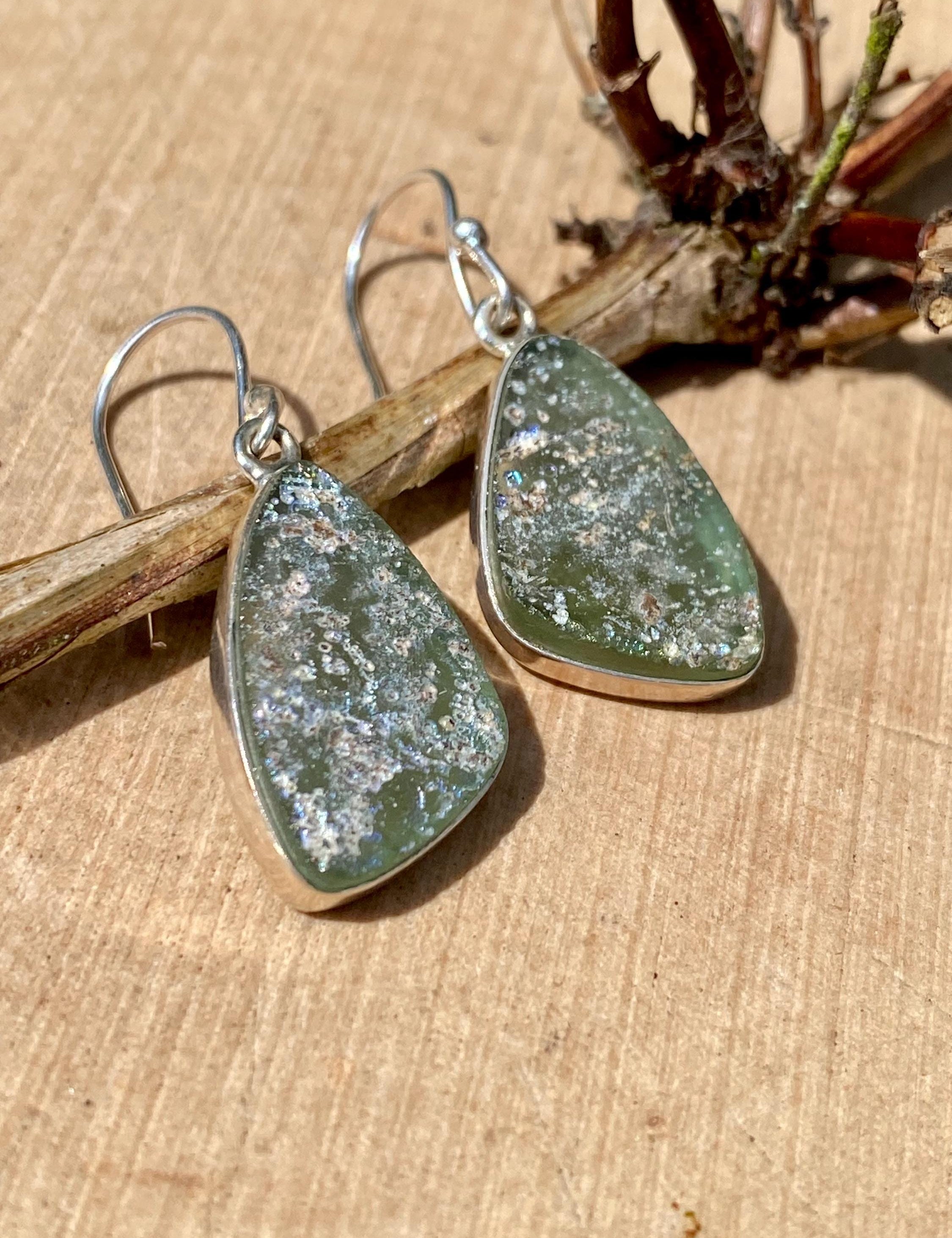 Ancient Roman Glass Dangle Earrings, 20mm x 13mm Pear Cut Sterling Silver, Handmade UK