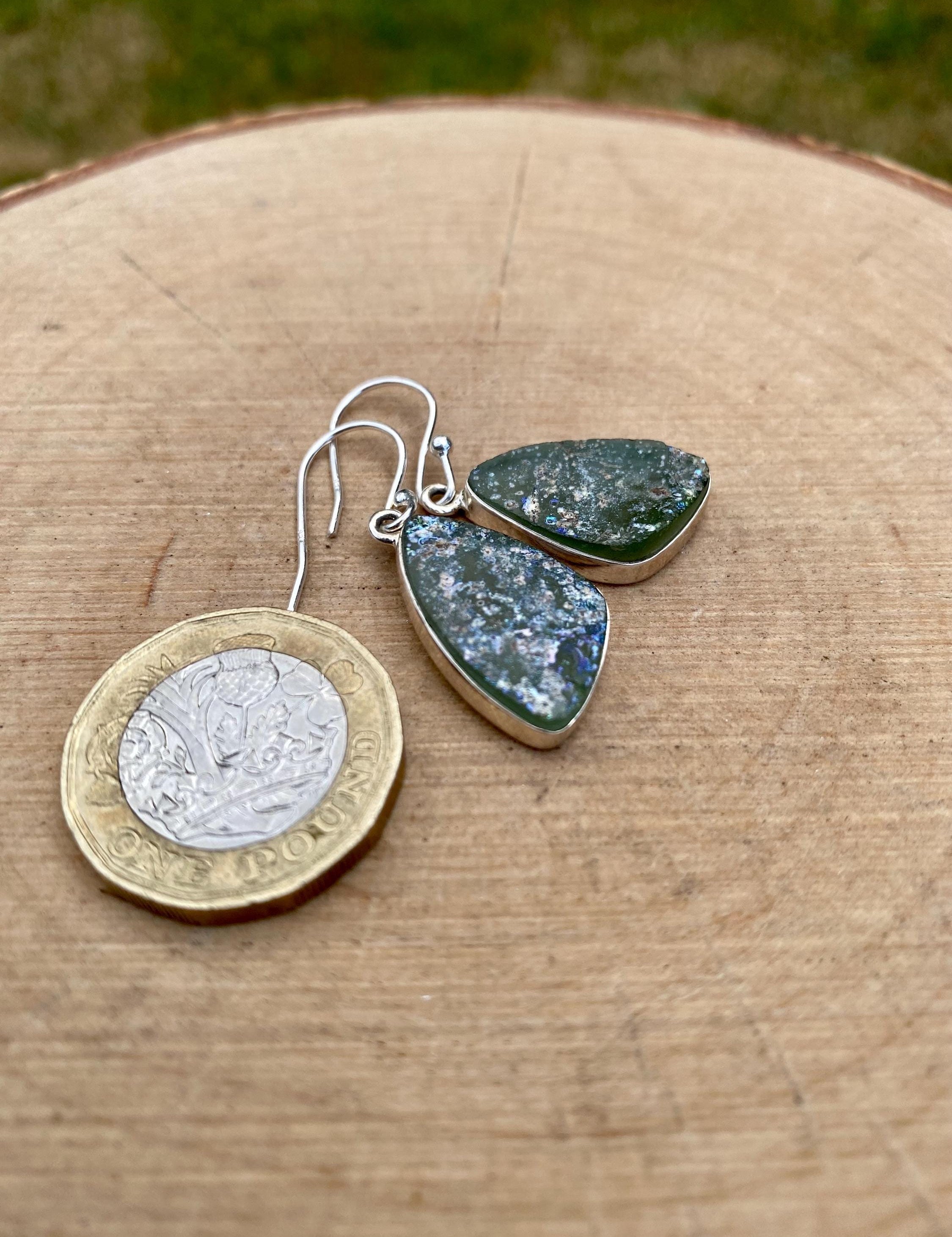 Pear cut Ancient Roman Glass Sterling Silver Earrings