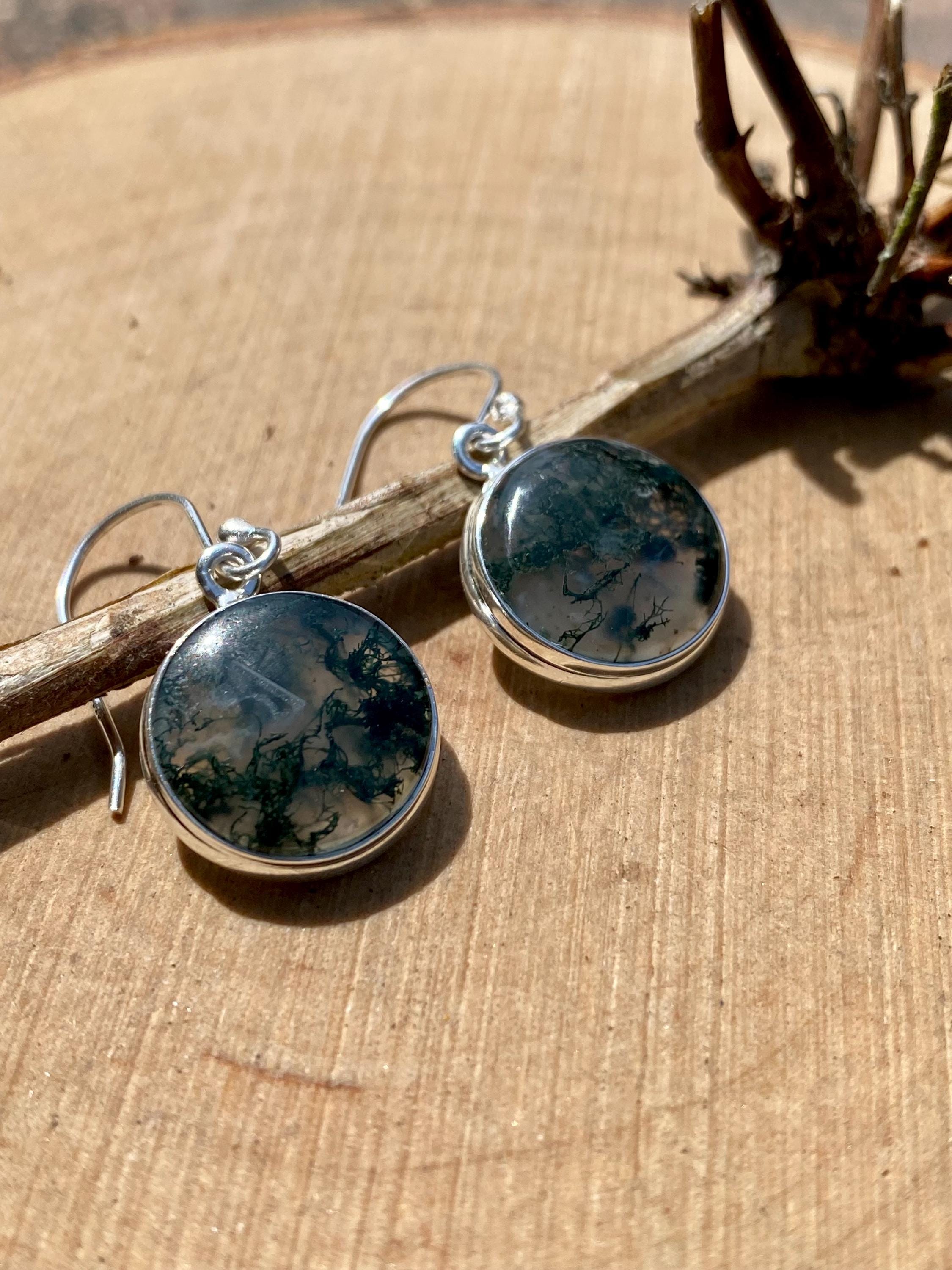 Moss Agate Sterling Silver Round Earrings