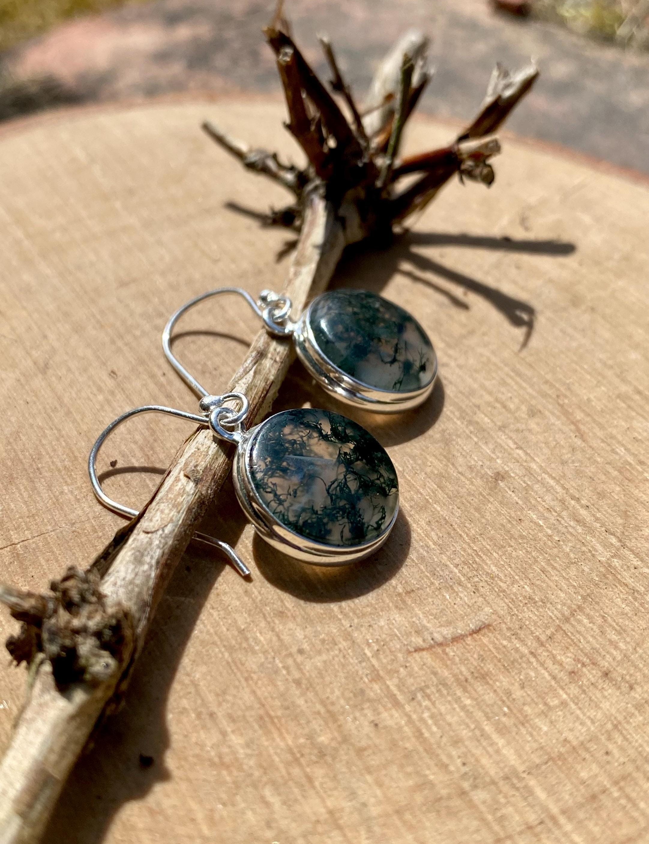 Moss Agate Sterling Silver Round Earrings