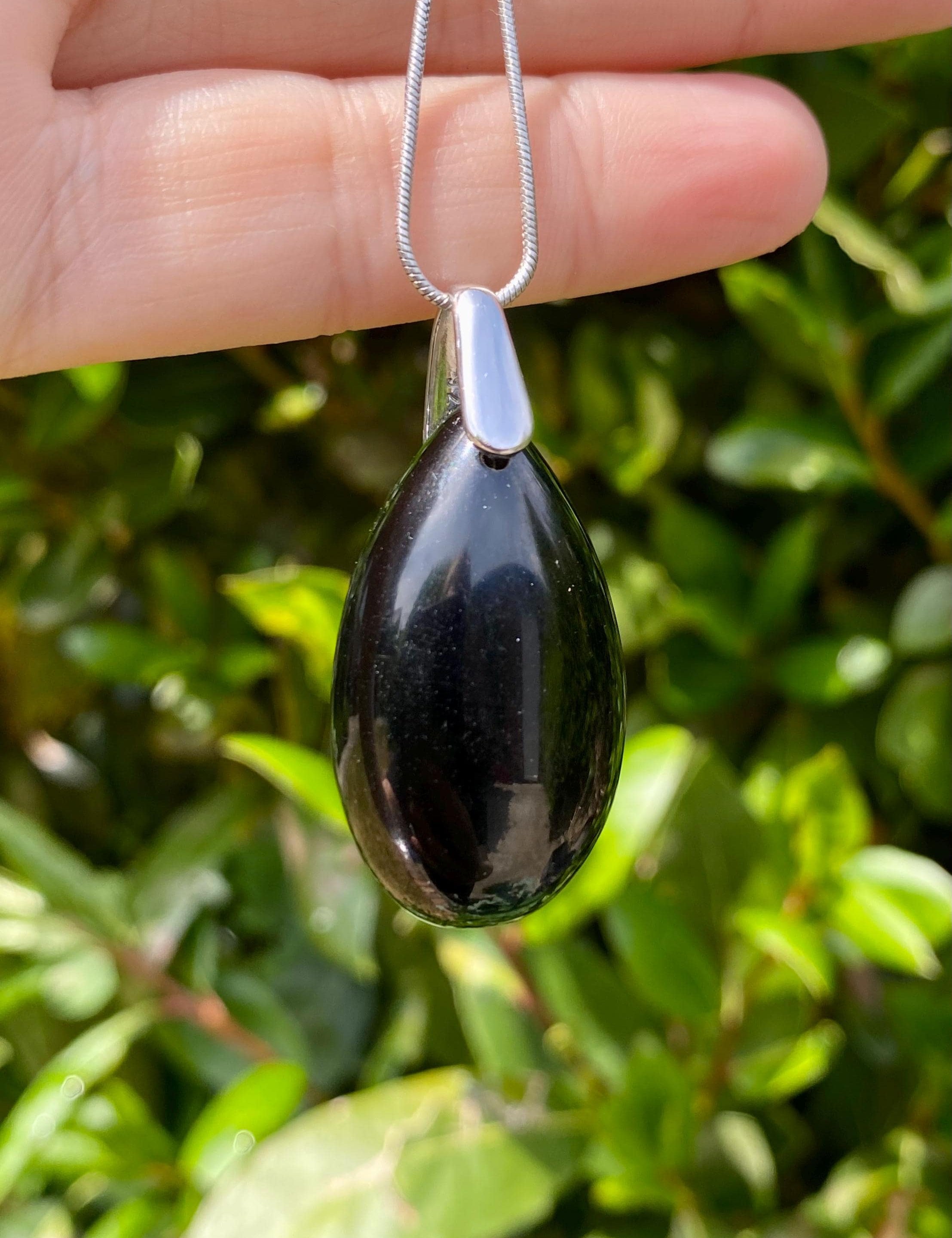 Black Polished Tourmaline Teardrop Sterling Silver Pendant