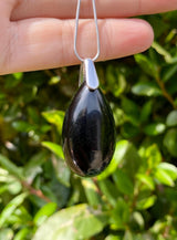 Black Polished Tourmaline Teardrop Sterling Silver Pendant