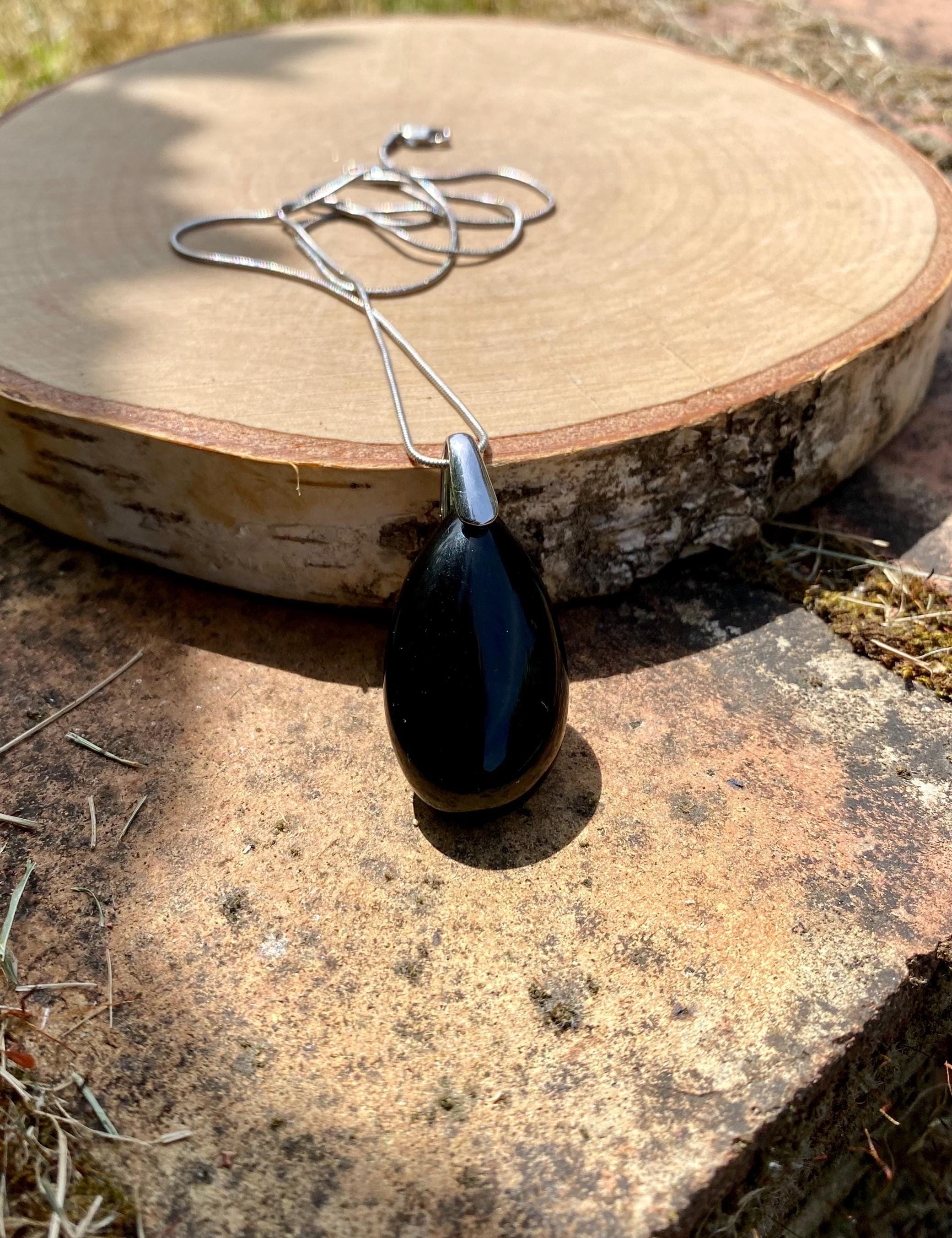 Black Polished Tourmaline Teardrop Sterling Silver Pendant