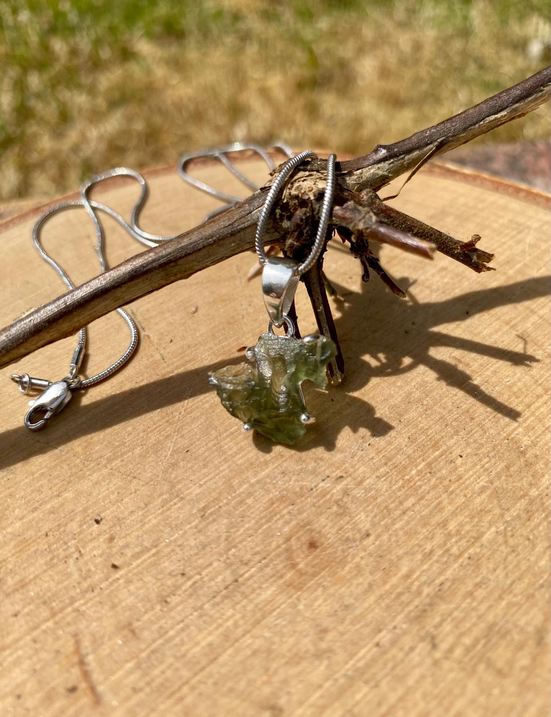Hexagon Cut Natural MOLDAVITE Sterling Silver Pendant