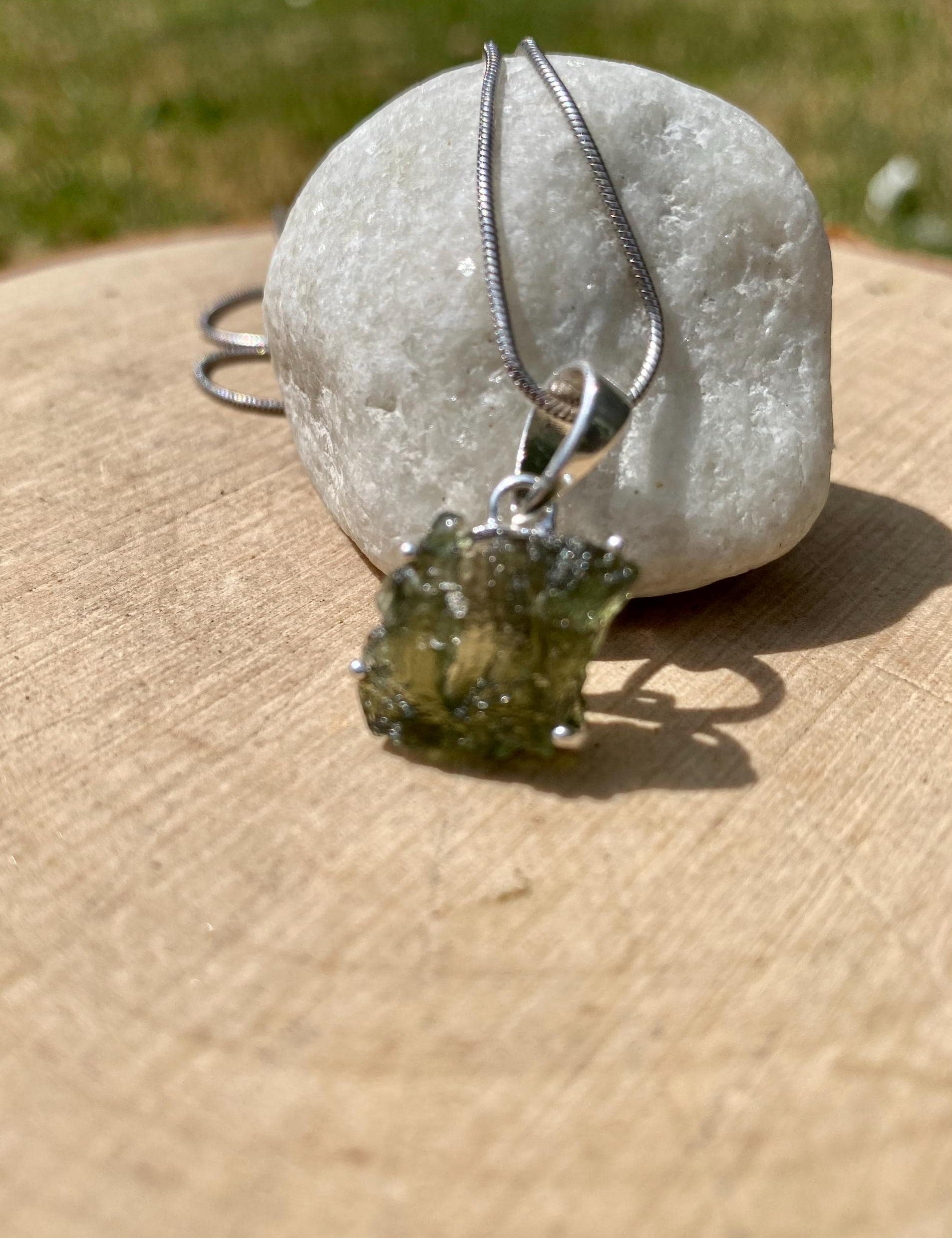 Hexagon Cut Natural MOLDAVITE Sterling Silver Pendant