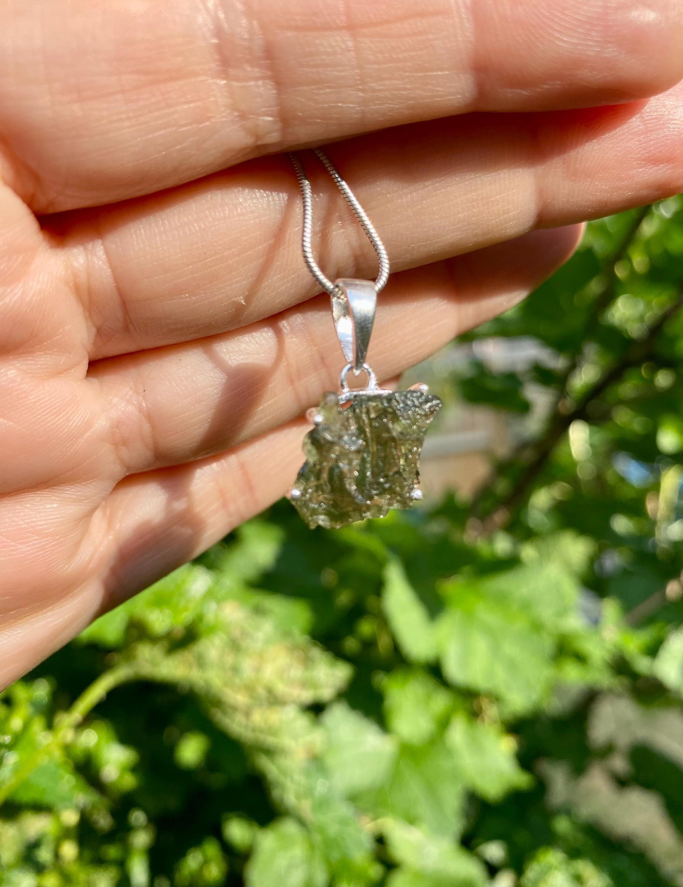 Hexagon Cut Natural MOLDAVITE Sterling Silver Pendant