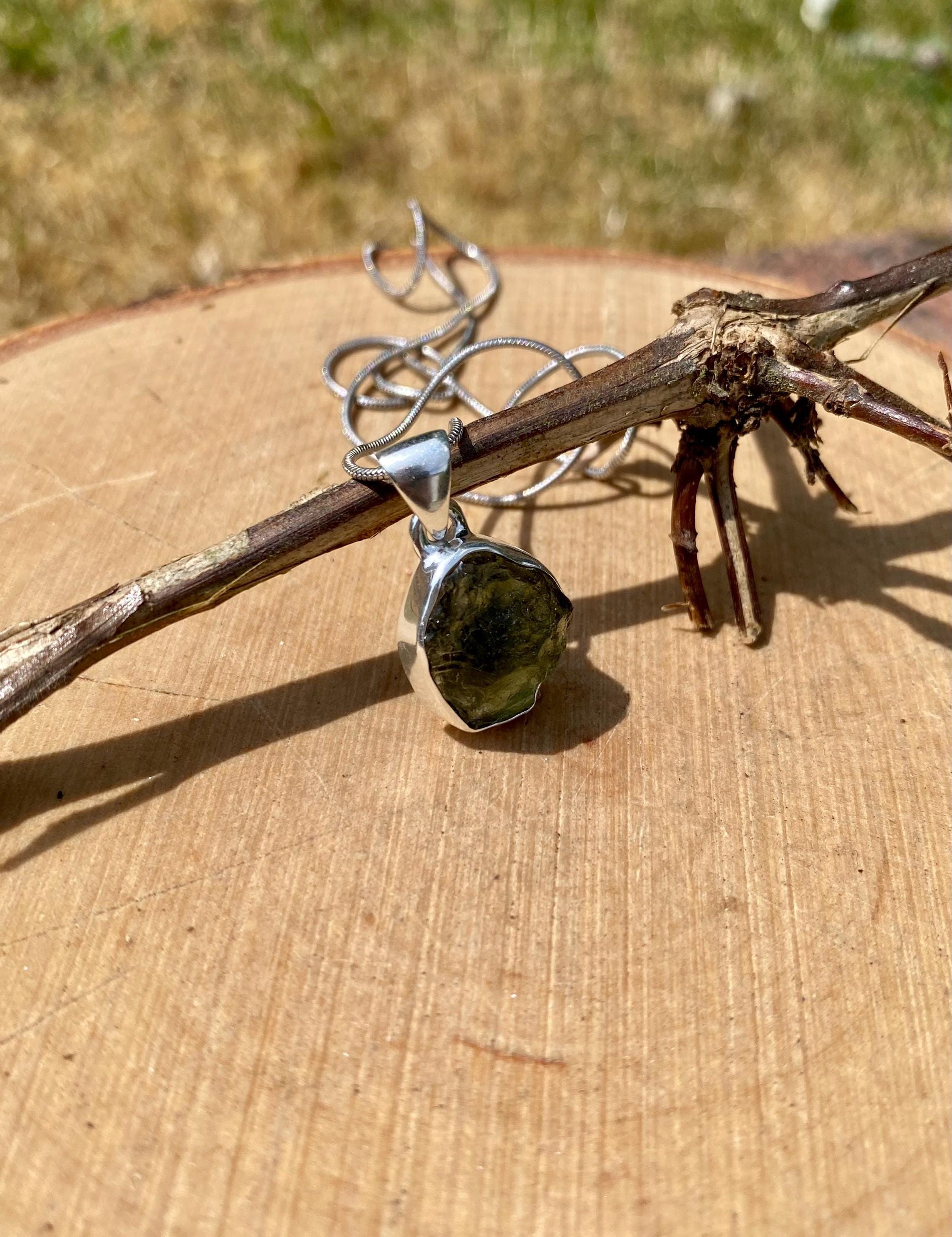 Natural MOLDAVITE Pendant, Uncut Sterling Silver Handmade UK gift