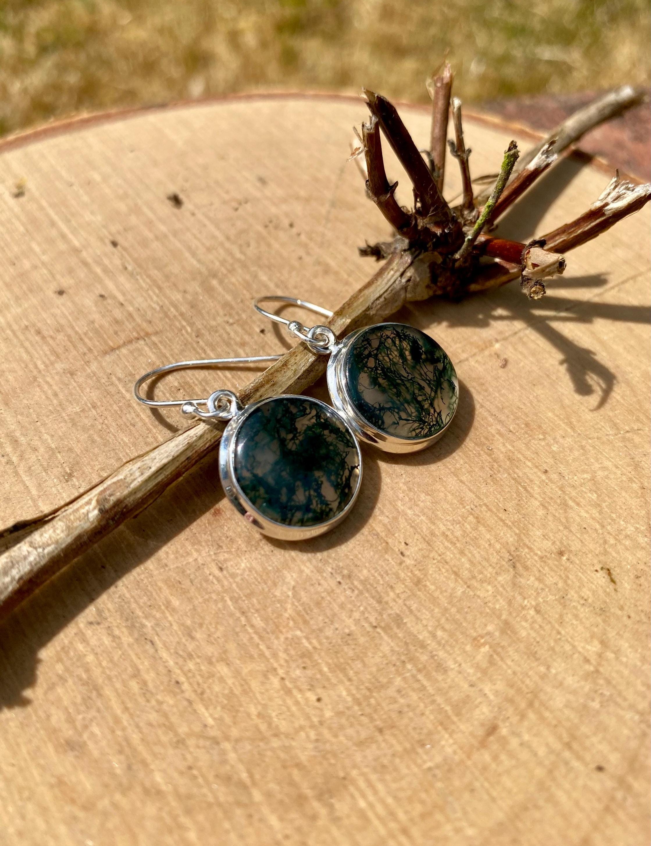 Moss Agate and Silver Round Earrings