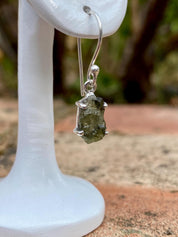 Natural Hexagon Cut Moldavite Sterling Silver Dangle Earrings