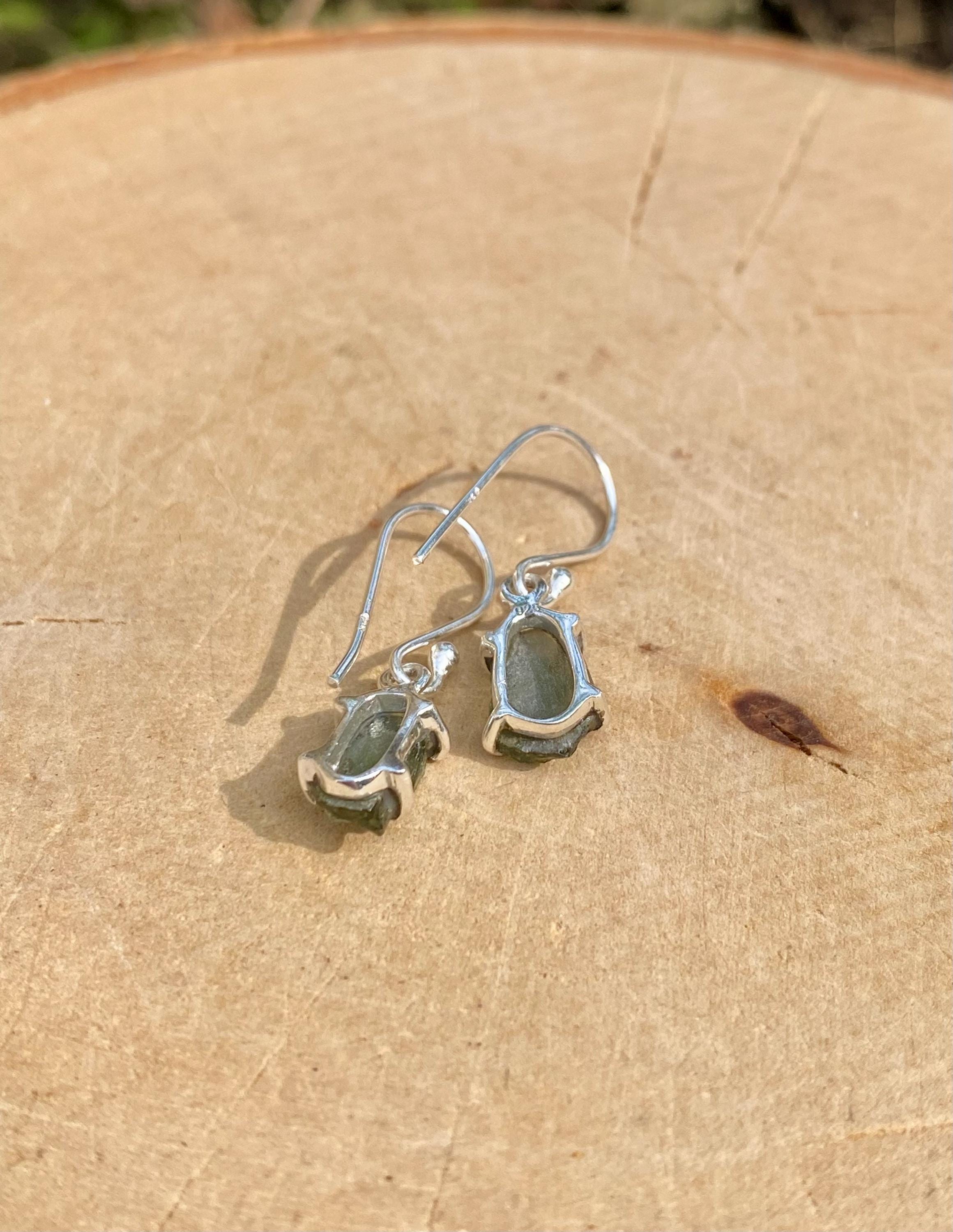 Natural Hexagon Cut Moldavite Sterling Silver Dangle Earrings